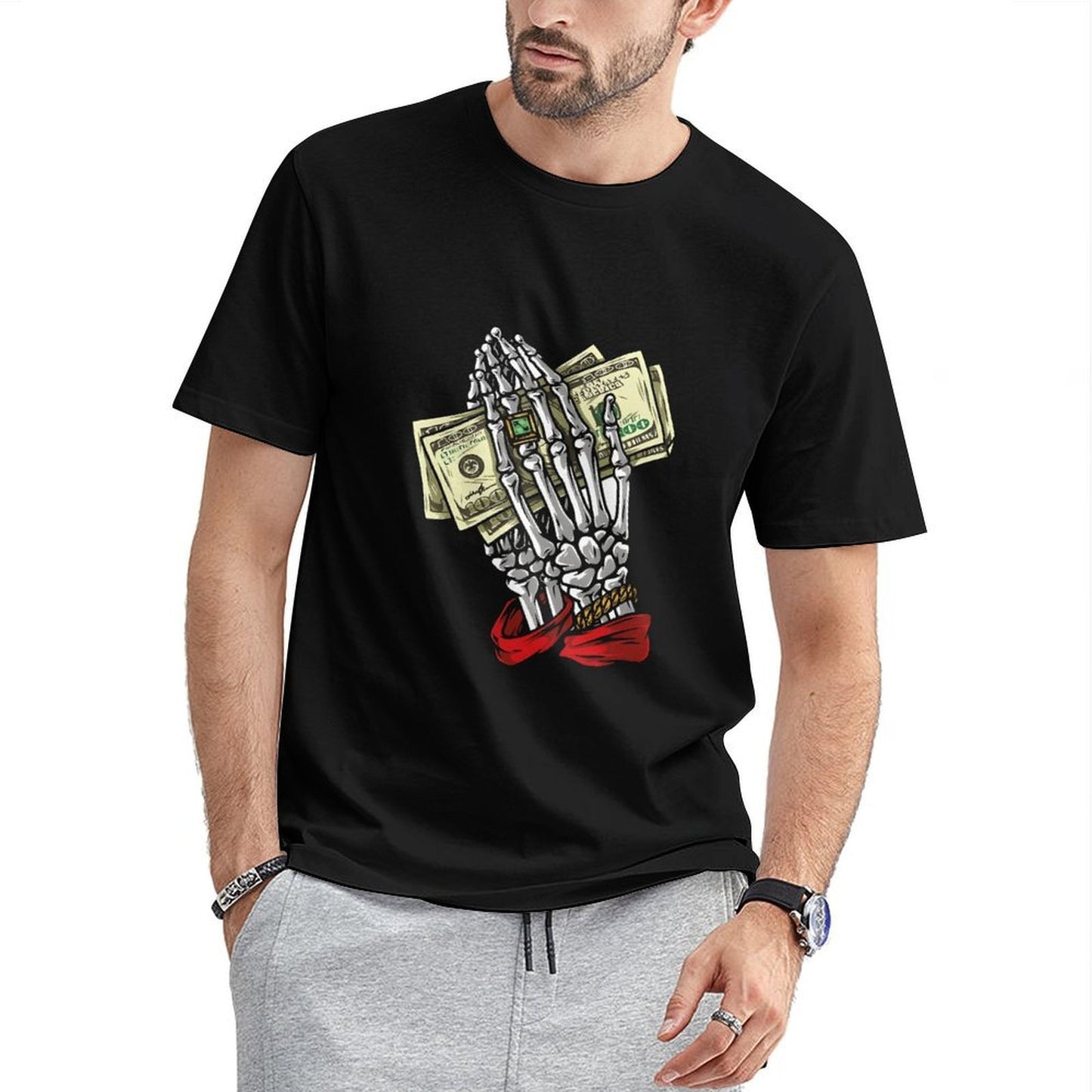 Inkmay Casual Cotton T-shirt Skeleton Hand Holding Money Bills Art Unisex T-shirtBreathable EverydayTee T-Shirt