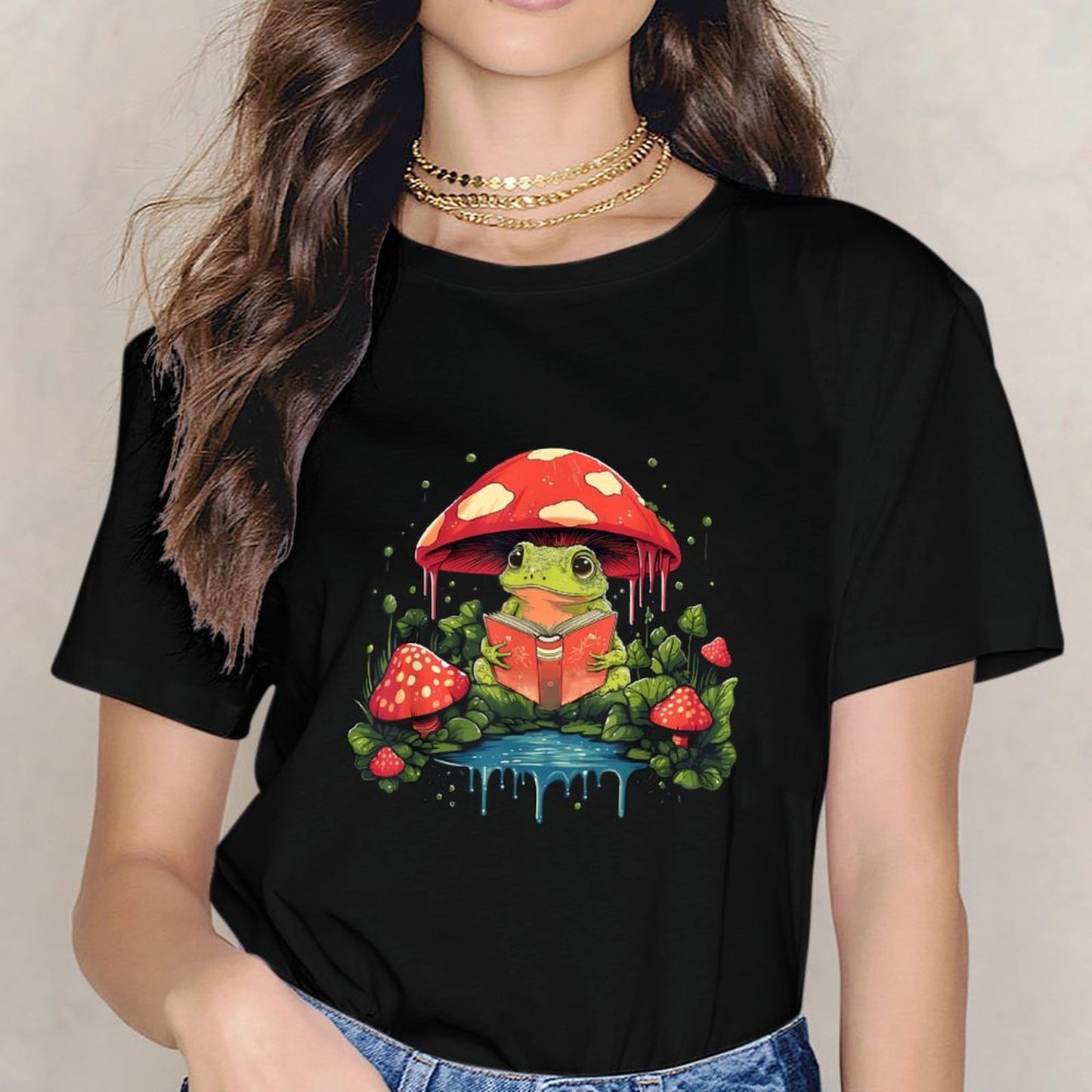 Inkmay Casual Cotton T-shirt Frog Reading Under Mushroom In Forest Unisex T-shirtMinimalist Edition T-Shirt