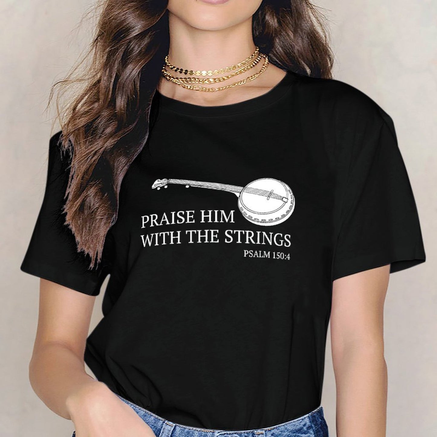 Inkmay Casual Cotton T-shirt Banjo With Musical Notes Pattern Unisex T-shirtLightweight Basic T-Shirt