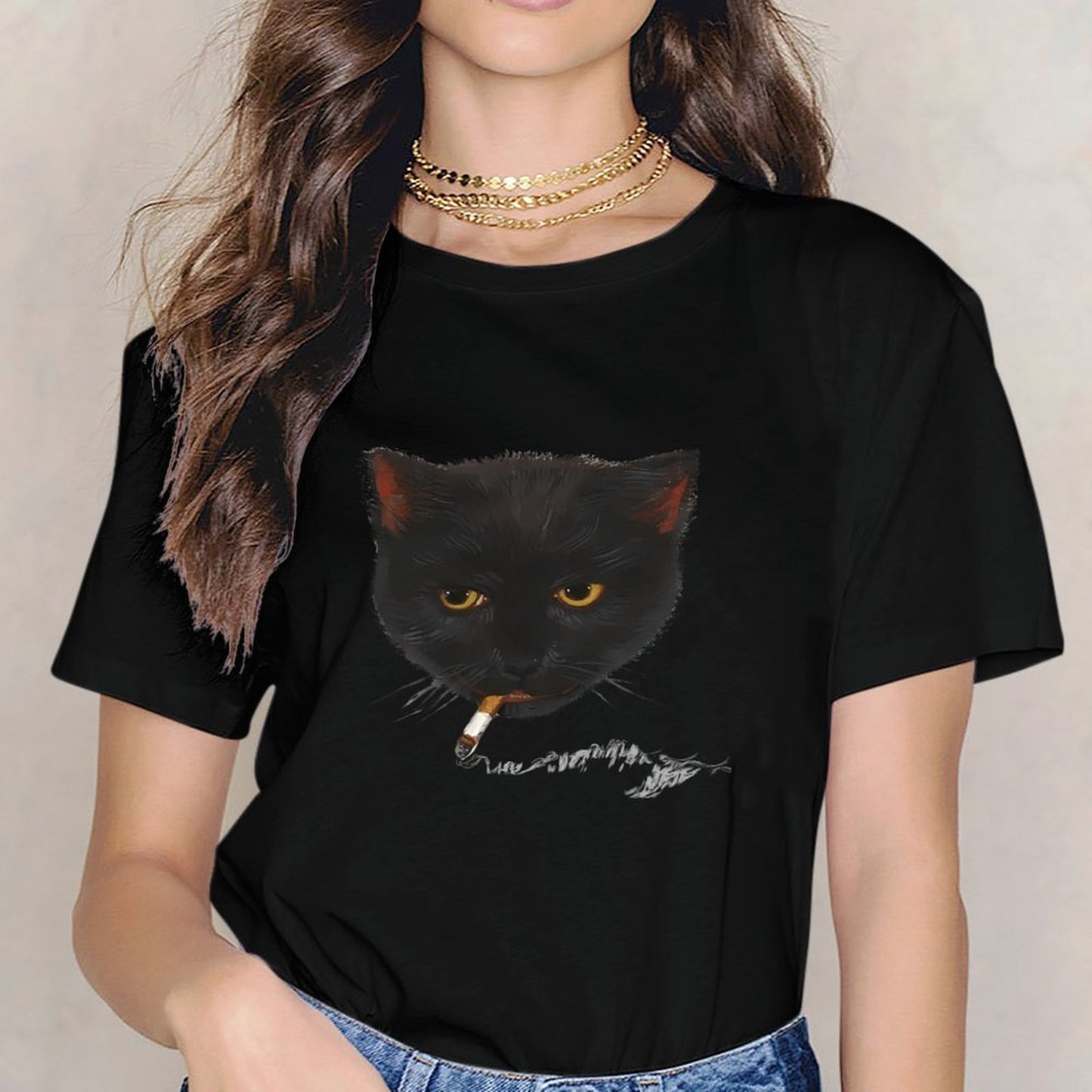 Inkmay Casual Cotton T-shirt Black Cat Smoking Cigarette Art Print Unisex T-shirtRetro Daily T-Shirt