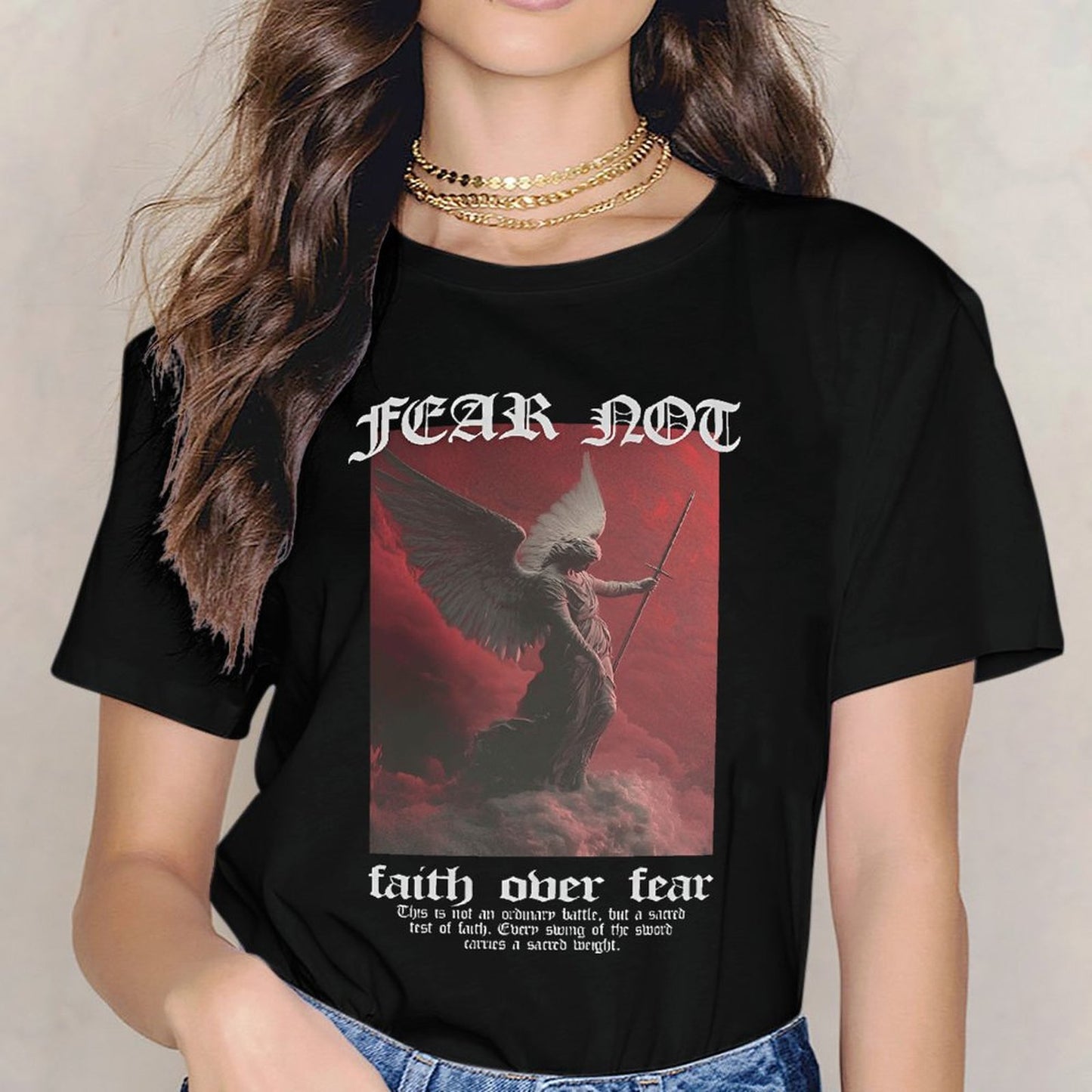 Inkmay Casual Cotton T-shirt Angel With Sword Over Clouds Unisex T-shirt