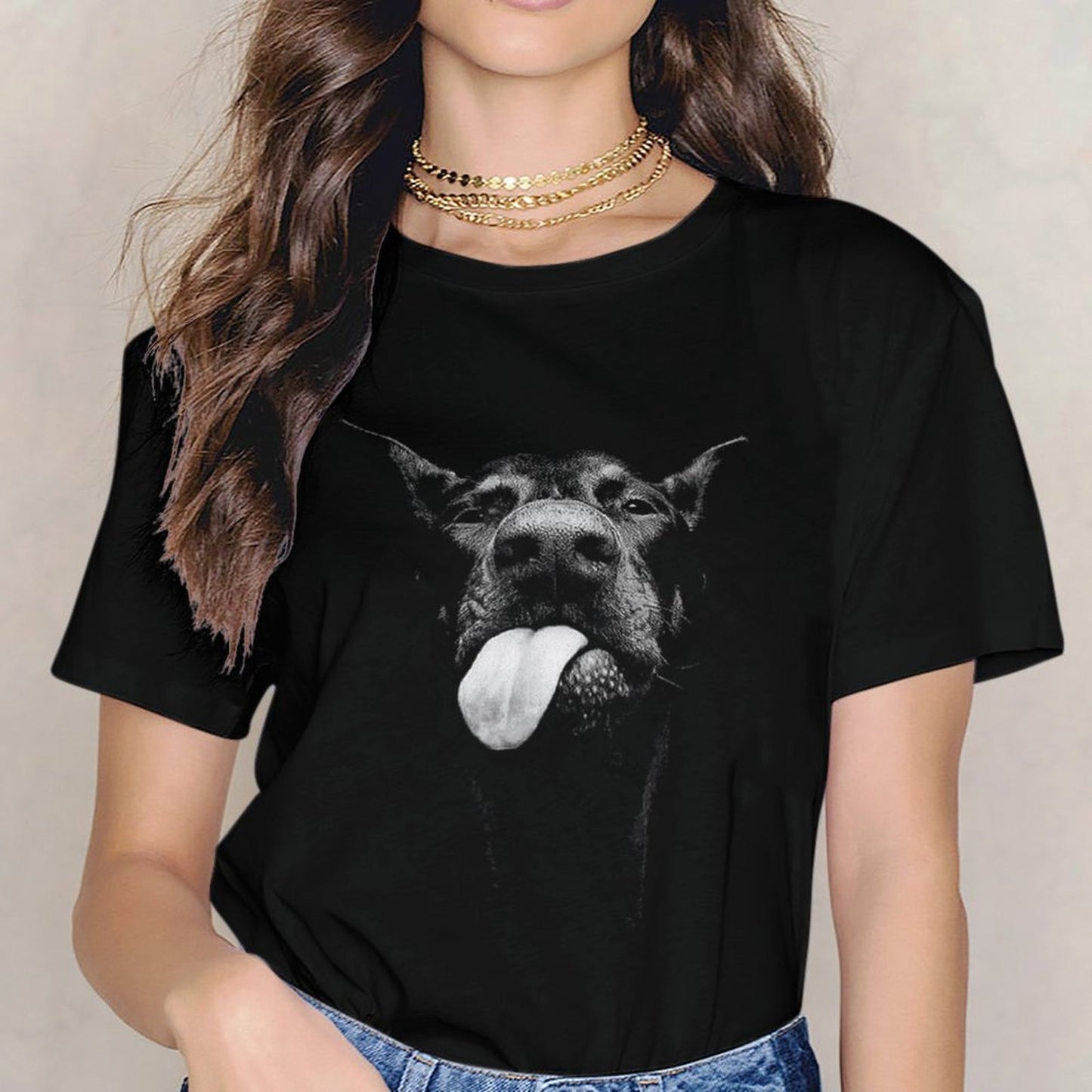 Inkmay Casual Cotton T-shirt Black And White Dog Tongue Out Unisex T-shirtWeekend Soft-Touch T-Shirt
