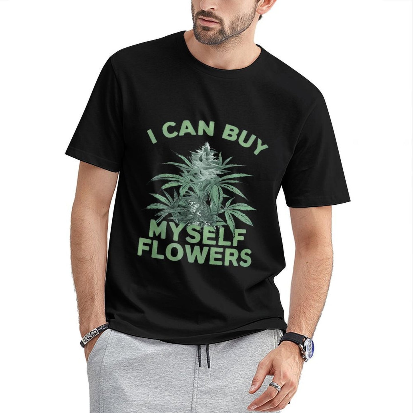 Inkmay Casual Cotton T-shirt Cannabis Plant With Text Overlay Design Unisex T-shirtRelaxed Fit Fade-Resistant T-Shirt