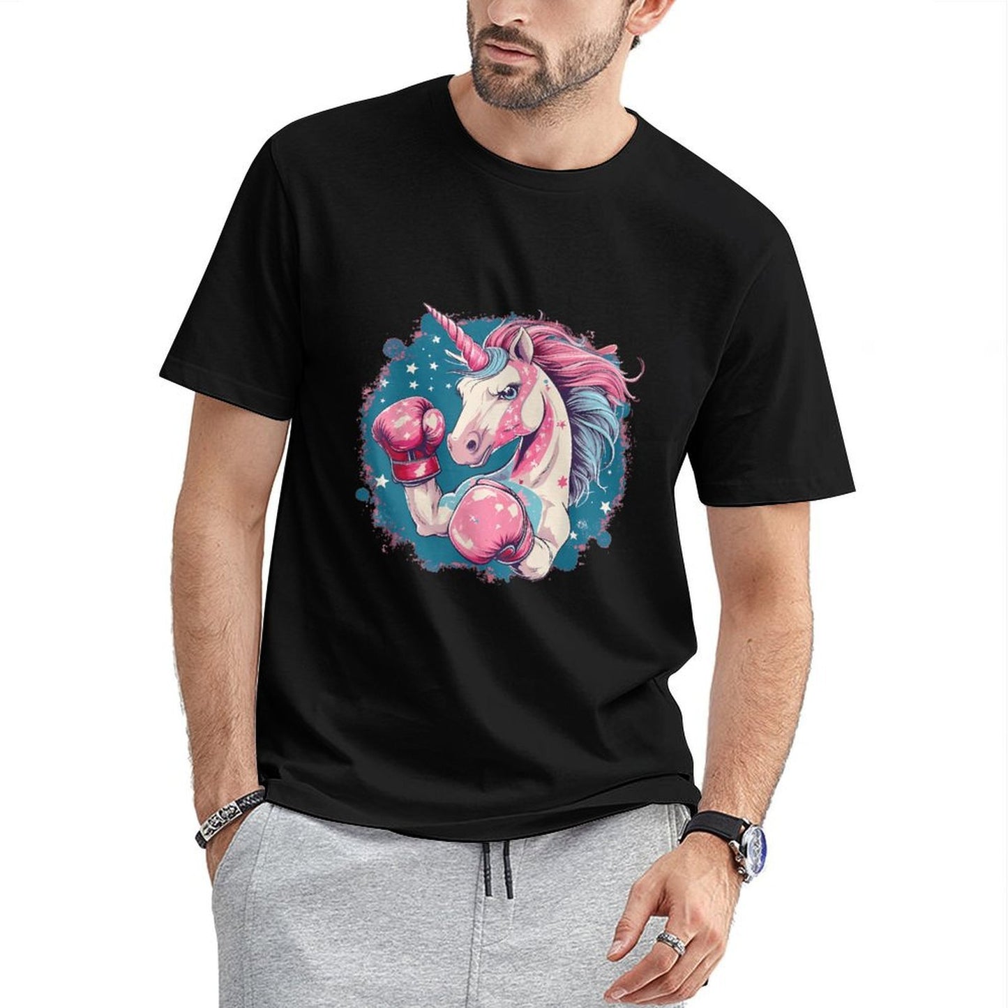 inkmay-casual-cotton-t-shirt-boxing-unicorn-with-pink-mane-unisex-t-shirt