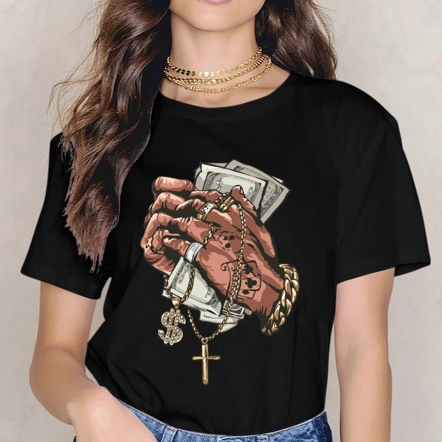 Inkmay Casual Cotton T-shirt Luxury Hands Holding Money And Jewelry Unisex T-shirtPremium Bold T-Shirt