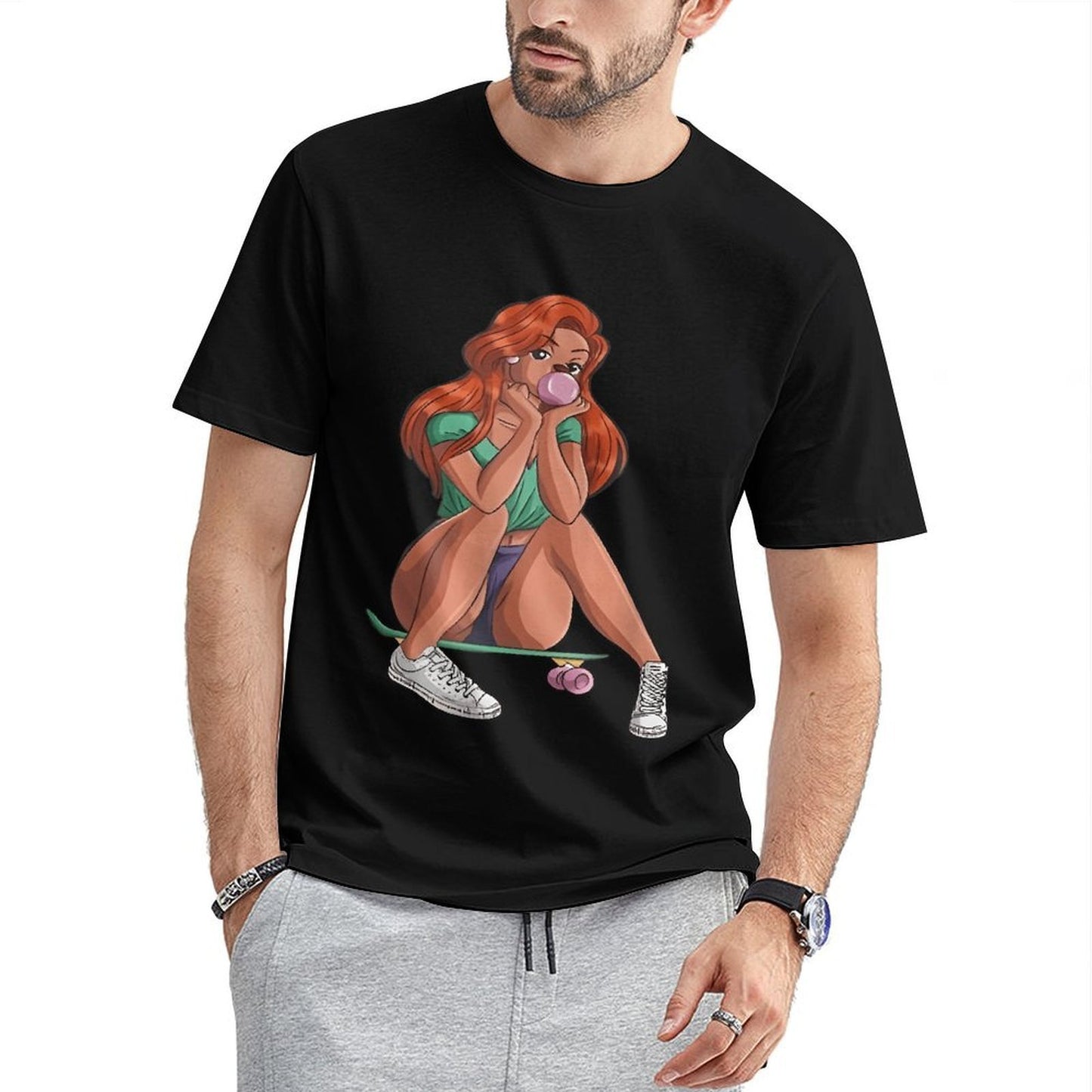 Inkmay Casual Cotton T-shirt Girl Sitting On Skateboard Blowing Bubble Unisex T-shirtSmooth Feel Modern T-Shirt