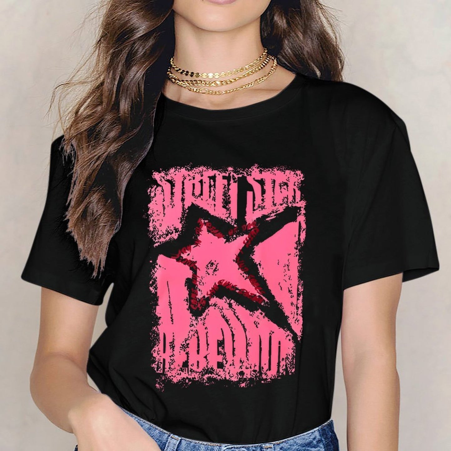 Inkmay Casual Cotton T-shirt Pink Grunge Star With Text Overlays Unisex T-shirtRetro Men¡¯s / Women¡¯s / Youth T-Shirt