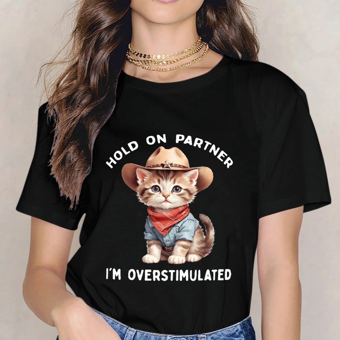 Inkmay Casual Cotton T-shirt Cute Kitten Wearing Cowboy Hat Bandana Unisex T-shirtComfort Lightweight T-Shirt