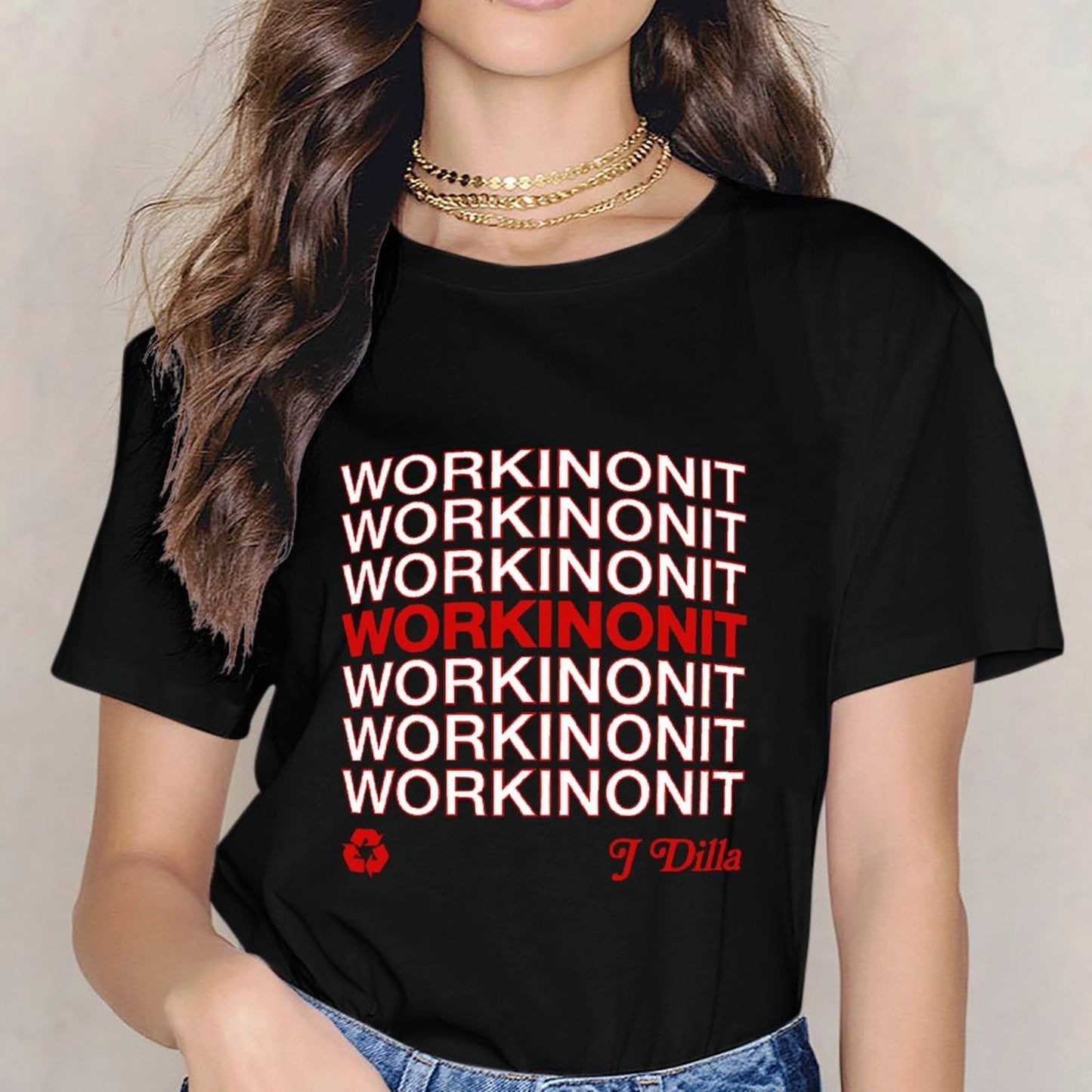 Inkmay Casual Cotton T-shirt Workinonit Pattern Printed On Red Unisex T-shirtRelaxed ClassicLine T-Shirt