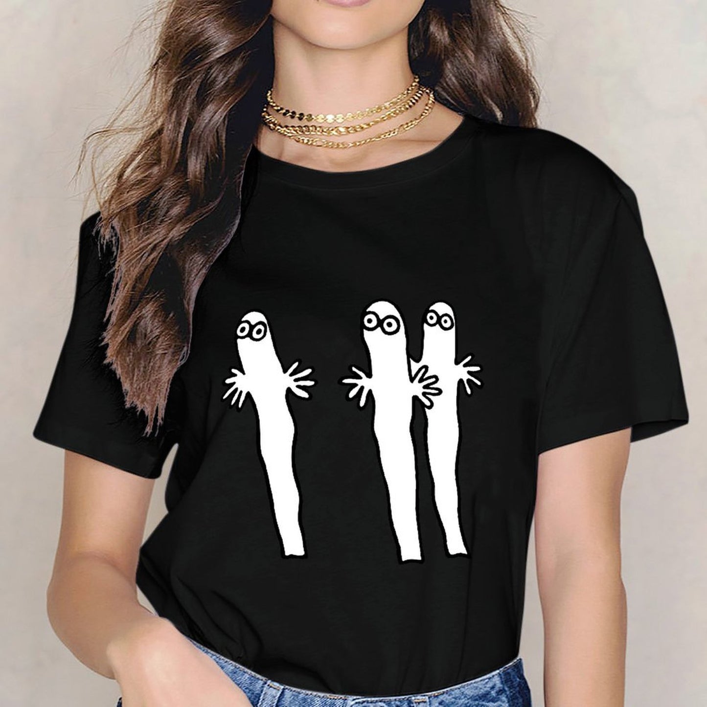 Inkmay Casual Cotton T-shirt Three Cartoon Characters With Hands Raised Unisex T-shirtSleek Outdoor T-Shirt