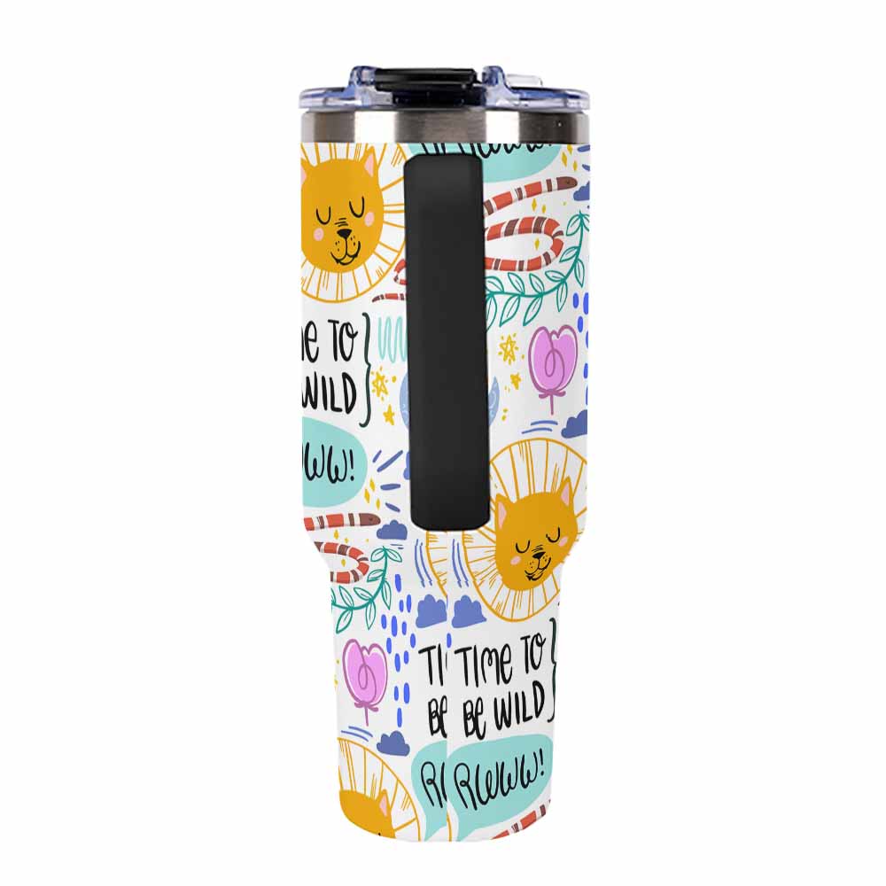 Travel Mug with Handle White Colorful Sun Moon Stars and Time to Be Wild Print for Outdoor Adventures