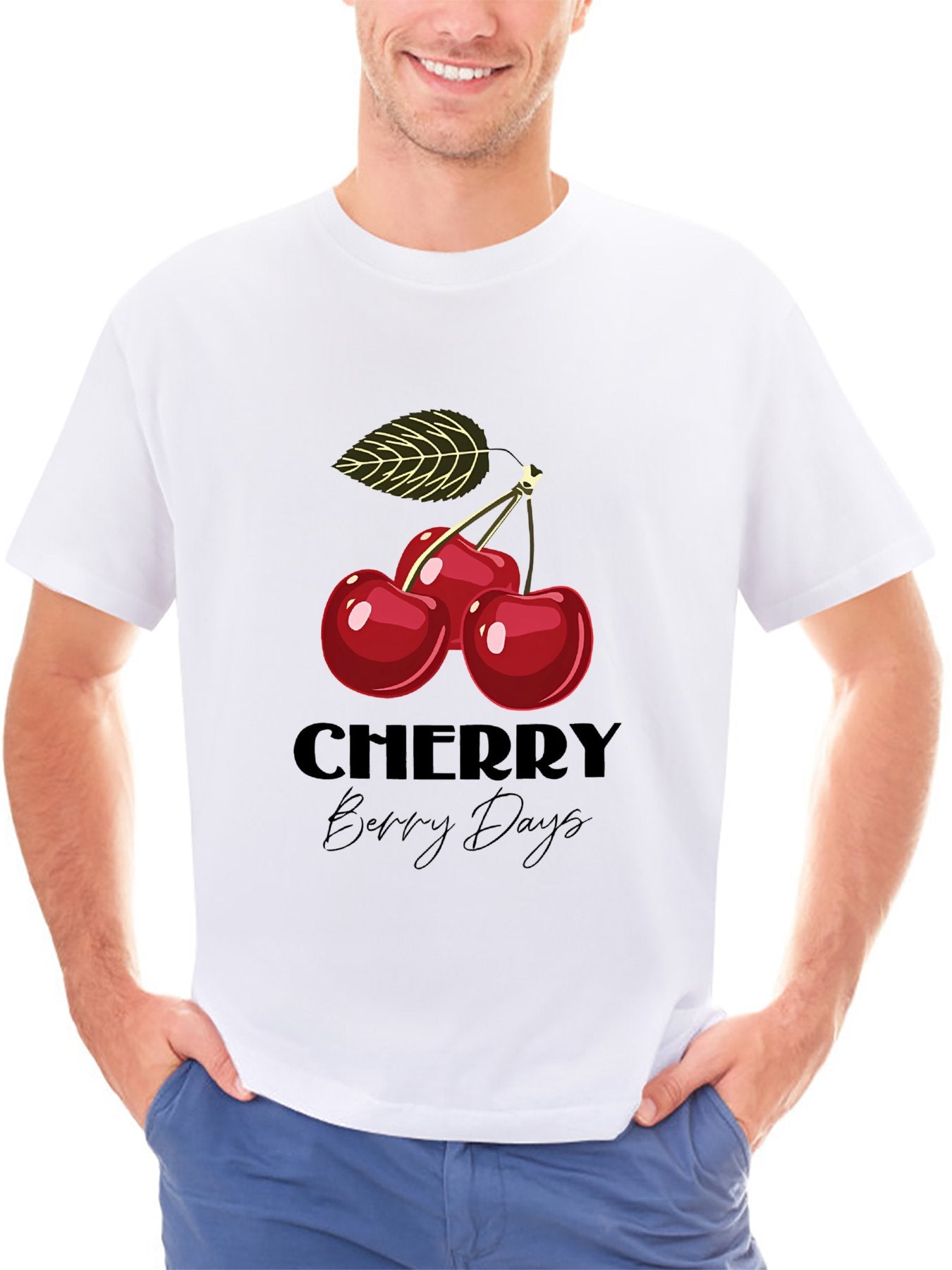 Inkmay Casual Cotton T-shirt Bright Red Cherries With Green Leaf Unisex T-shirtYearRound Heat-Transfer T-Shirt