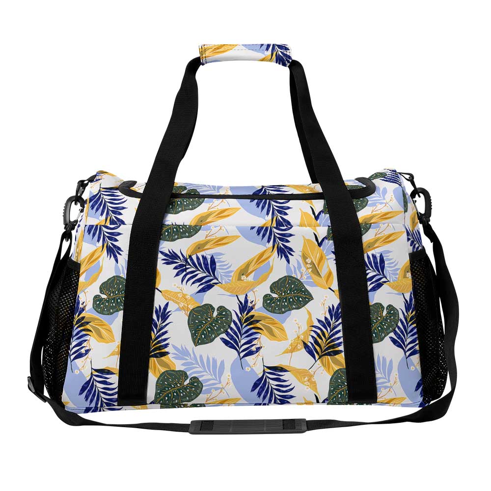 Tropical Leaf Print Duffel Bag Blue & White Travel Luggage for Vacation Beach Trip