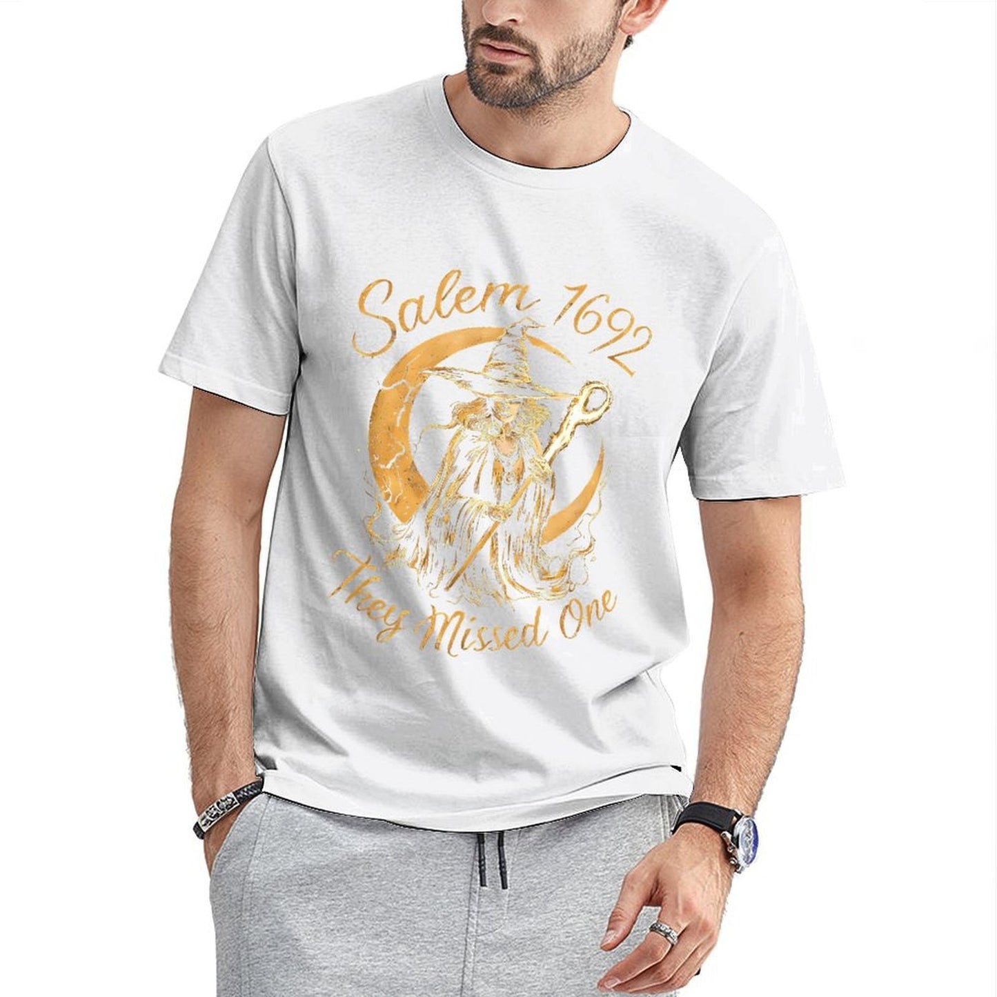 Inkmay Casual Cotton T-shirt Witch Holding Staff Against Crescent Moon Unisex T-shirtEasy-Care Recycled T-Shirt