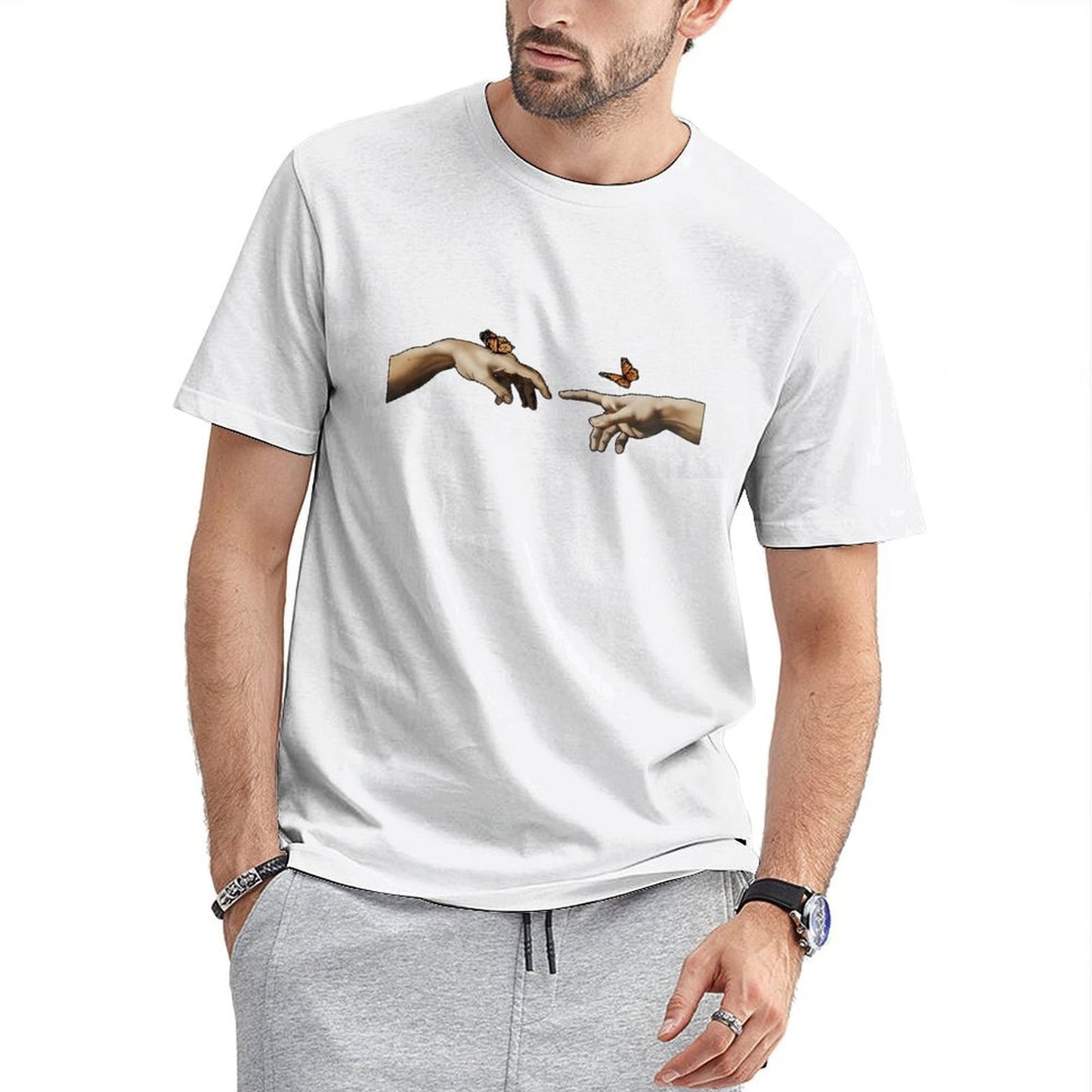 Inkmay Casual Cotton T-shirt Butterfly On Fingers Artistic Design Prints Unisex T-shirtSoftFeel Indoor T-Shirt