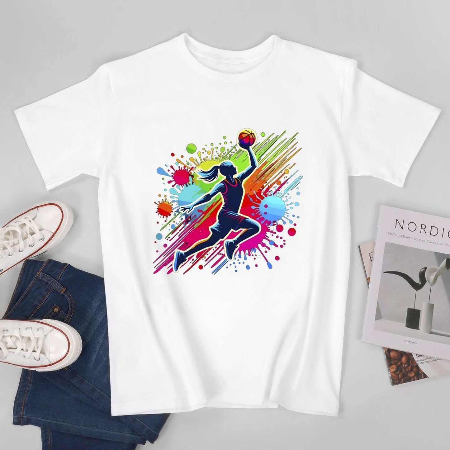 Inkmay Casual Cotton T-shirt Basketball Player With Colorful Splash Design Unisex T-shirtNeat Smooth T-Shirt