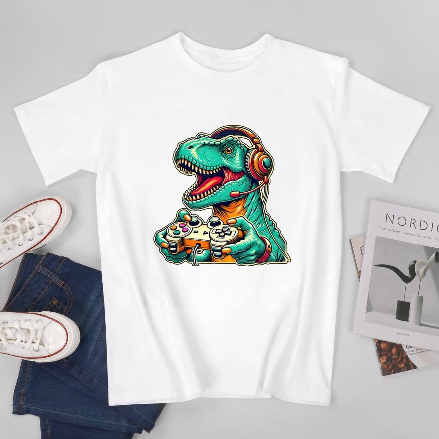 Inkmay Casual Cotton T-shirt Gaming Dinosaur With Headphones And Unisex T-shirt100% Cotton Daily T-Shirt