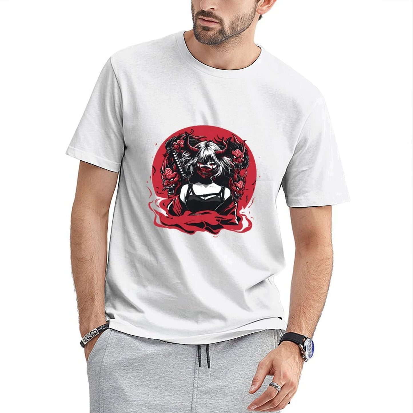 Inkmay Casual Cotton T-shirt Demon Woman With Red Dragons Unisex T-shirtSmooth Classic T-Shirt