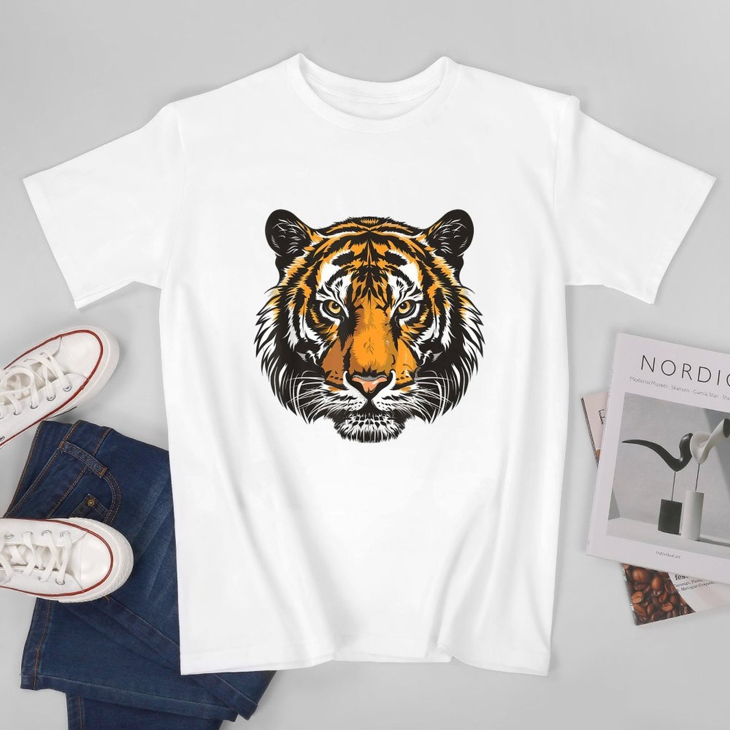 Inkmay Casual Cotton T-shirt Tiger Face Symmetry Art Print Design Unisex T-shirtBatch-Printed Original T-Shirt