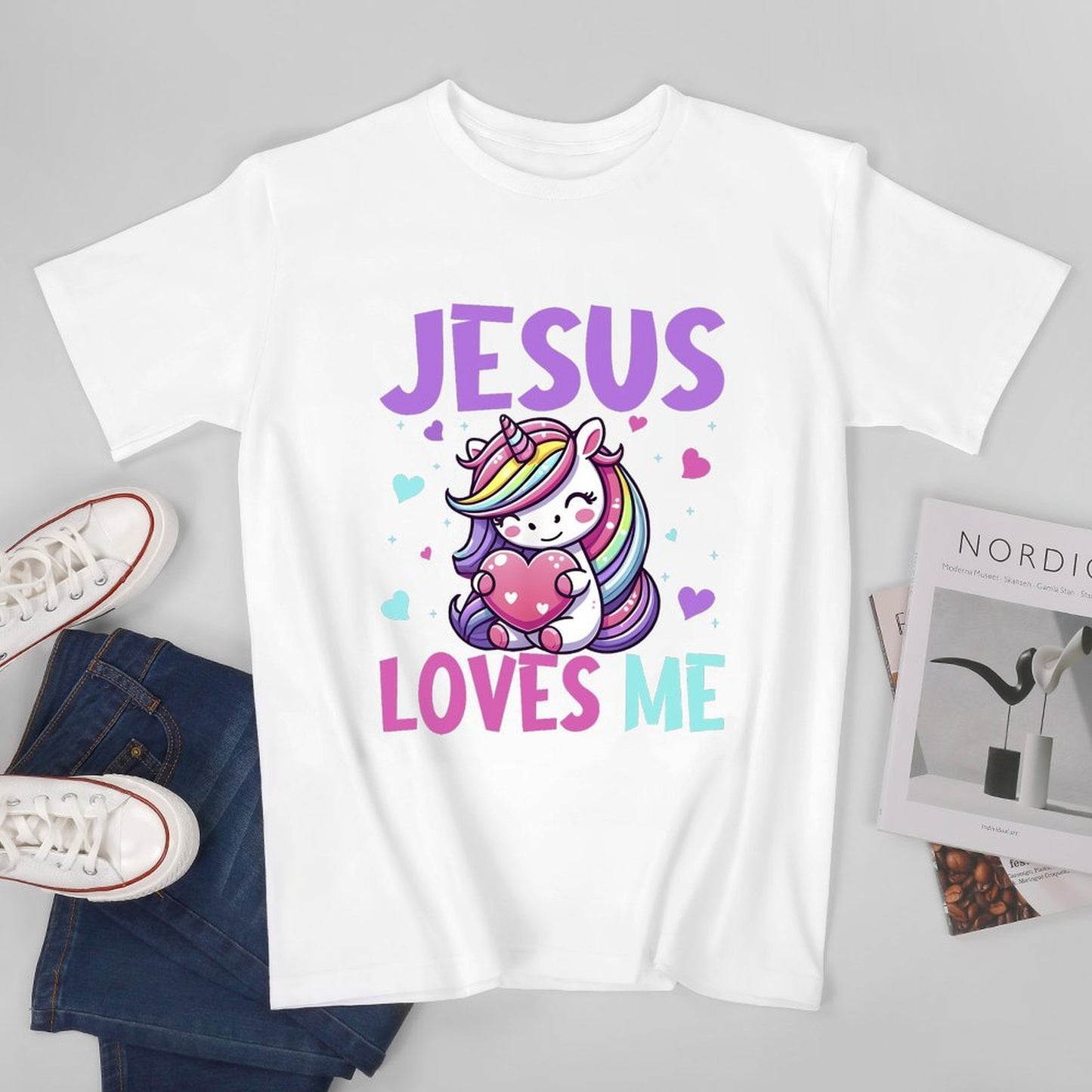 Inkmay Casual Cotton T-shirt Jesus Loves Me Rainbow Unicorn Hearts Unisex T-shirt