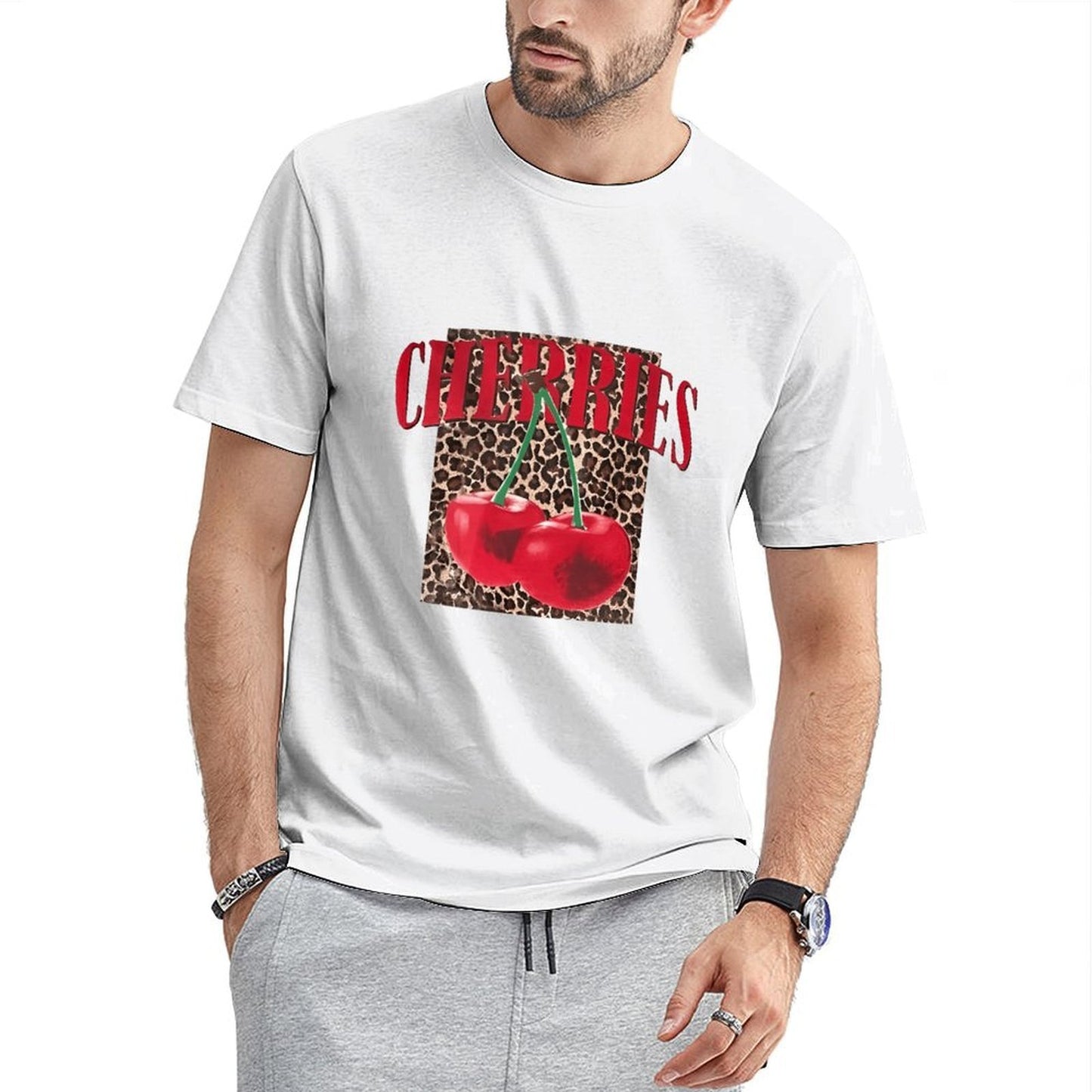 Inkmay Casual Cotton T-shirt Cherries On Leopard Print Background Art Unisex T-shirtClassicSeries CityStyle T-Shirt