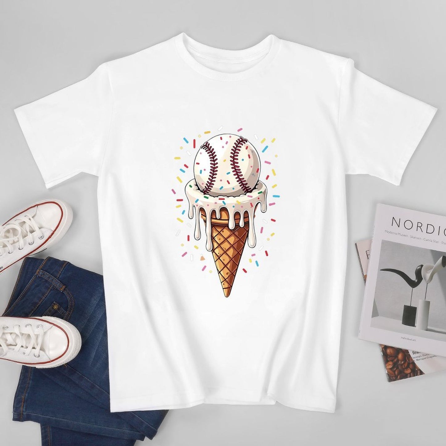 Inkmay Casual Cotton T-shirt Ice Cream Cone With Baseball Design Unisex T-shirtTimelessComfort TrueStyle T-Shirt