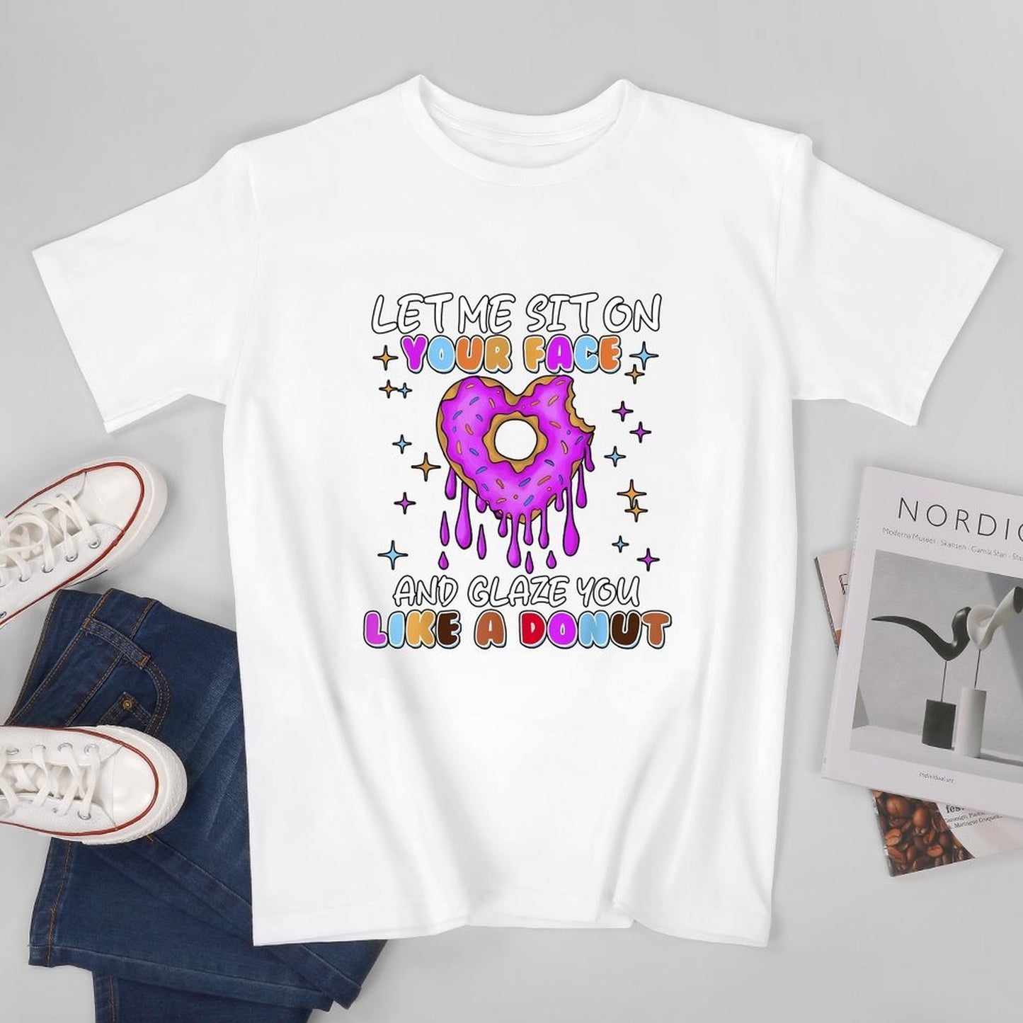 Inkmay Casual Cotton T-shirt Donut With Pink Glaze And Sprinkles Unisex T-shirtClassicStyle EasyWear T-Shirt