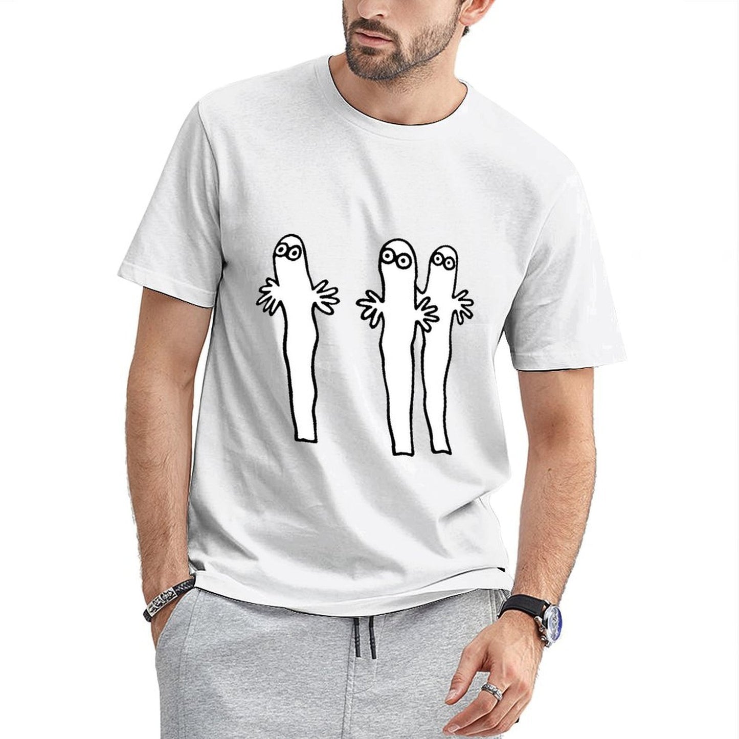 Inkmay Casual Cotton T-shirt Three Cartoon Characters With Hands Raised Unisex T-shirtSleek Outdoor T-Shirt