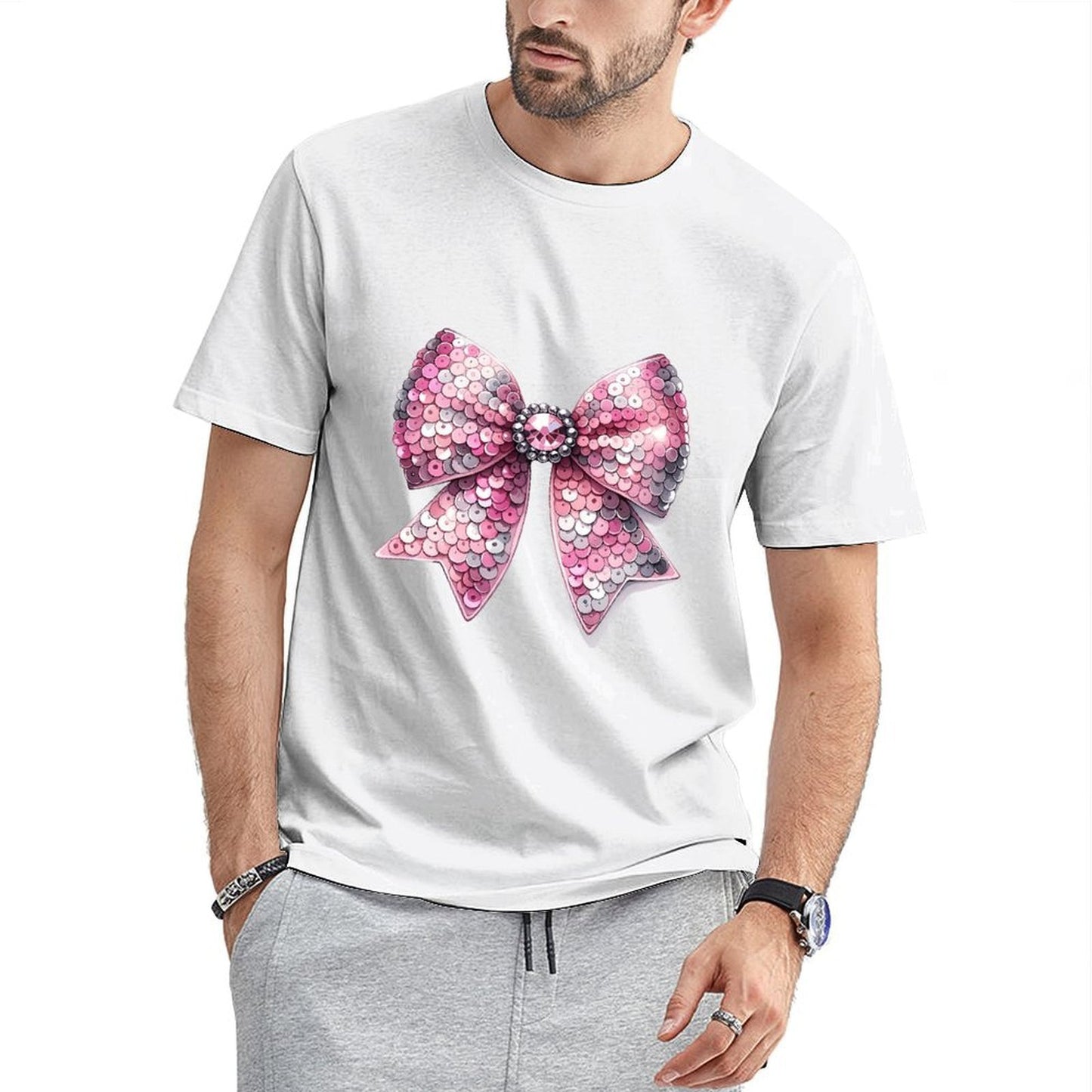 Inkmay Casual Cotton T-shirt Shiny Pink Sequin Bow Design Unisex T-shirtLogo-Ready LooseFit T-Shirt