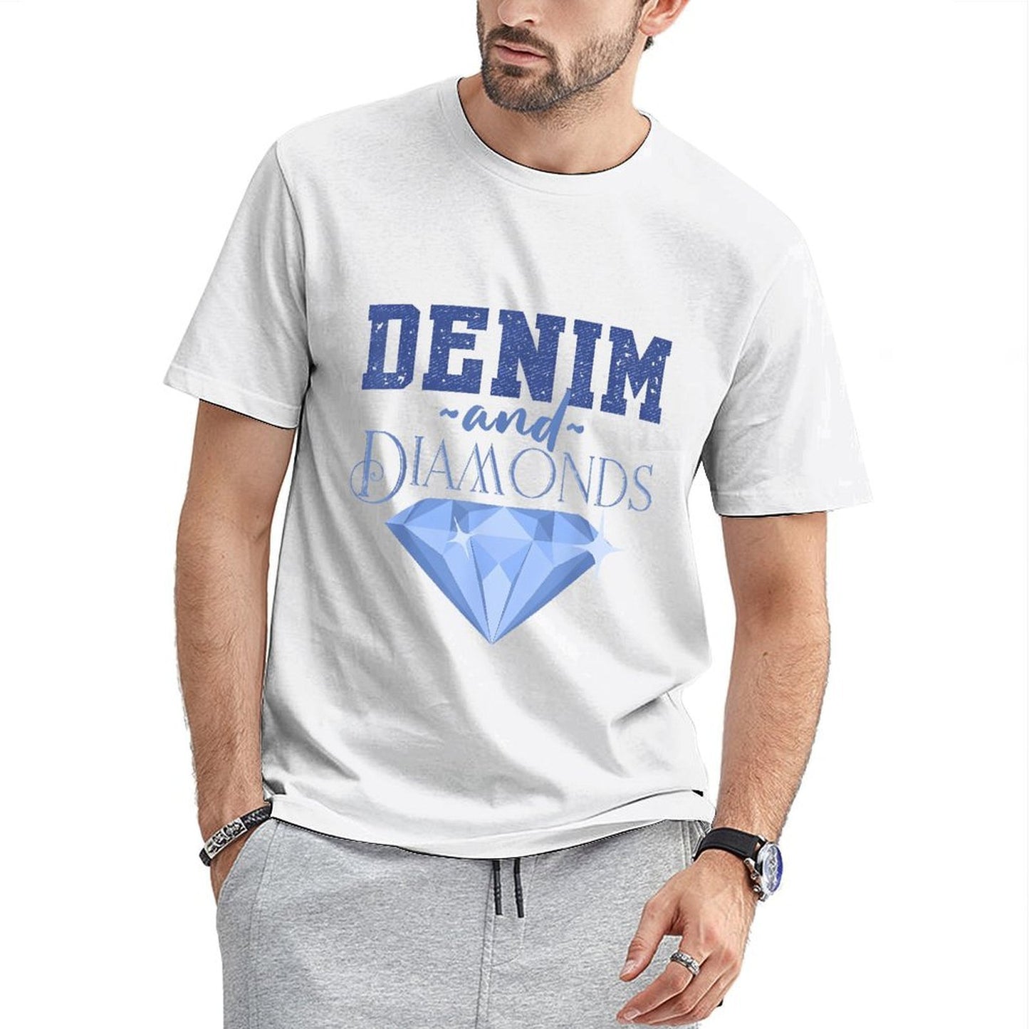 Inkmay Casual Cotton T-shirt Denim And Diamonds Blue Gem Print Unisex T-shirtModern PureStyle T-Shirt