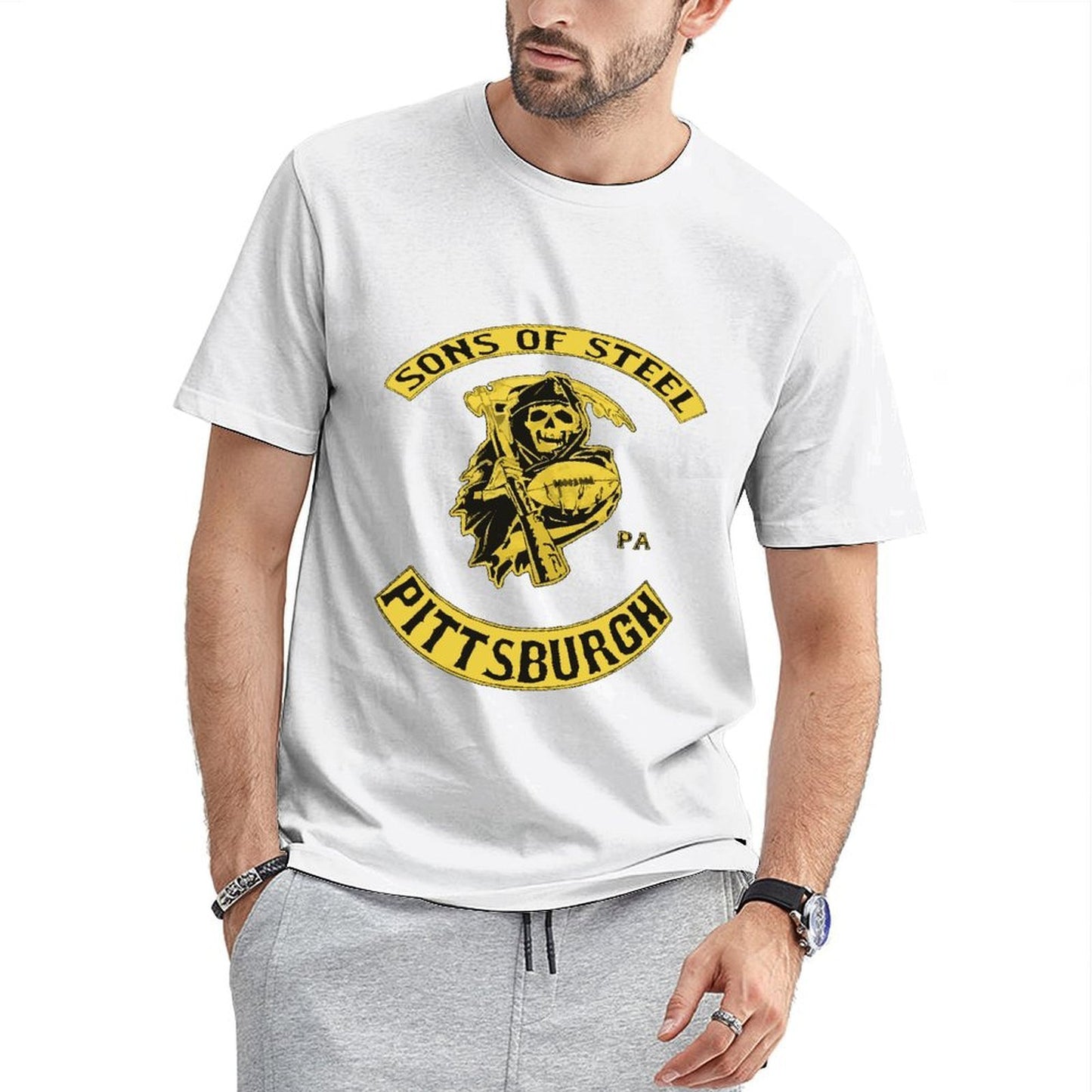 Inkmay Casual Cotton T-shirt Pittsburgh Sons Of Steel Football Design Unisex T-shirtClean Edges SoftFeel T-Shirt