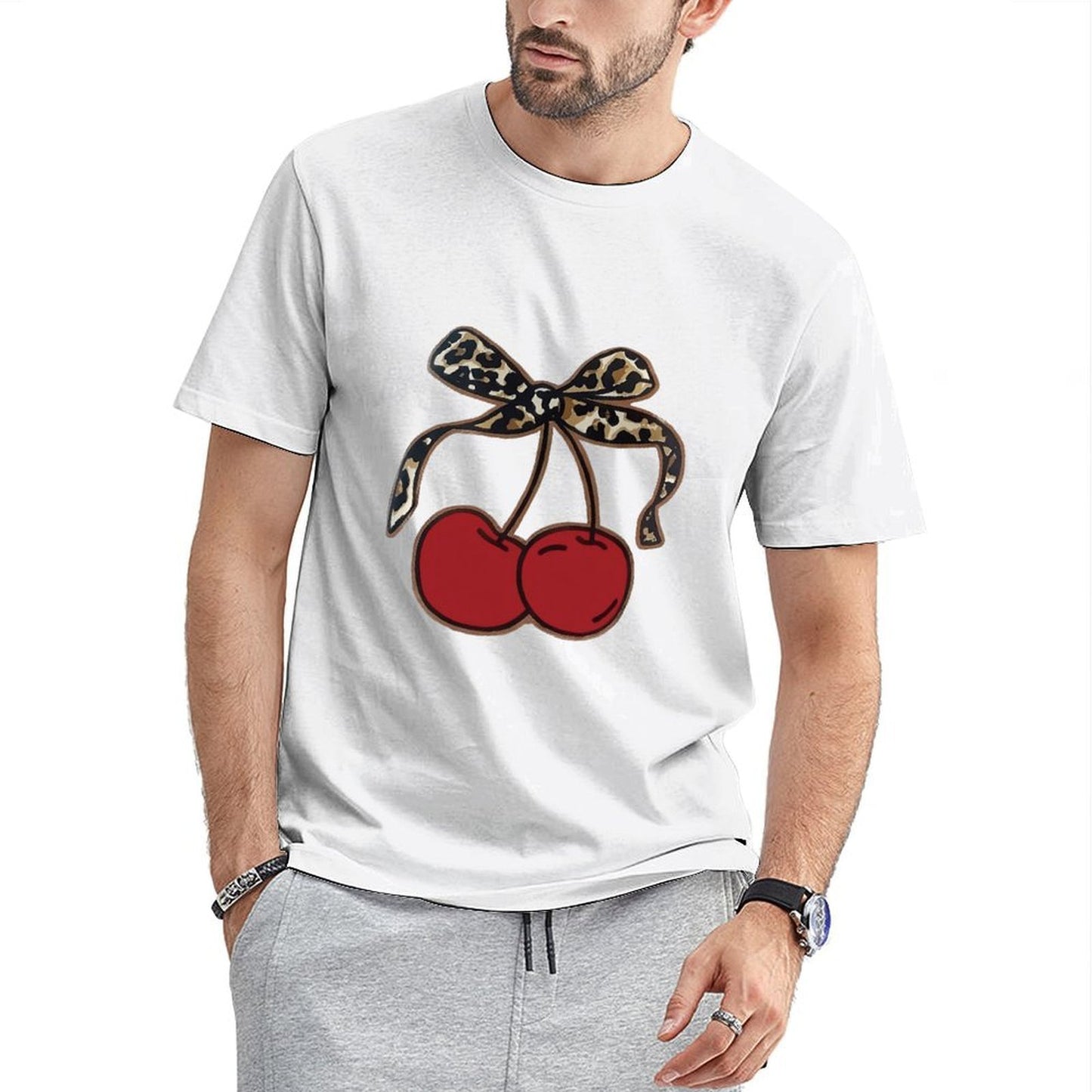 Inkmay Casual Cotton T-shirt Cherry Print With Leopard Pattern Design Unisex T-shirtYearRound Basic T-Shirt