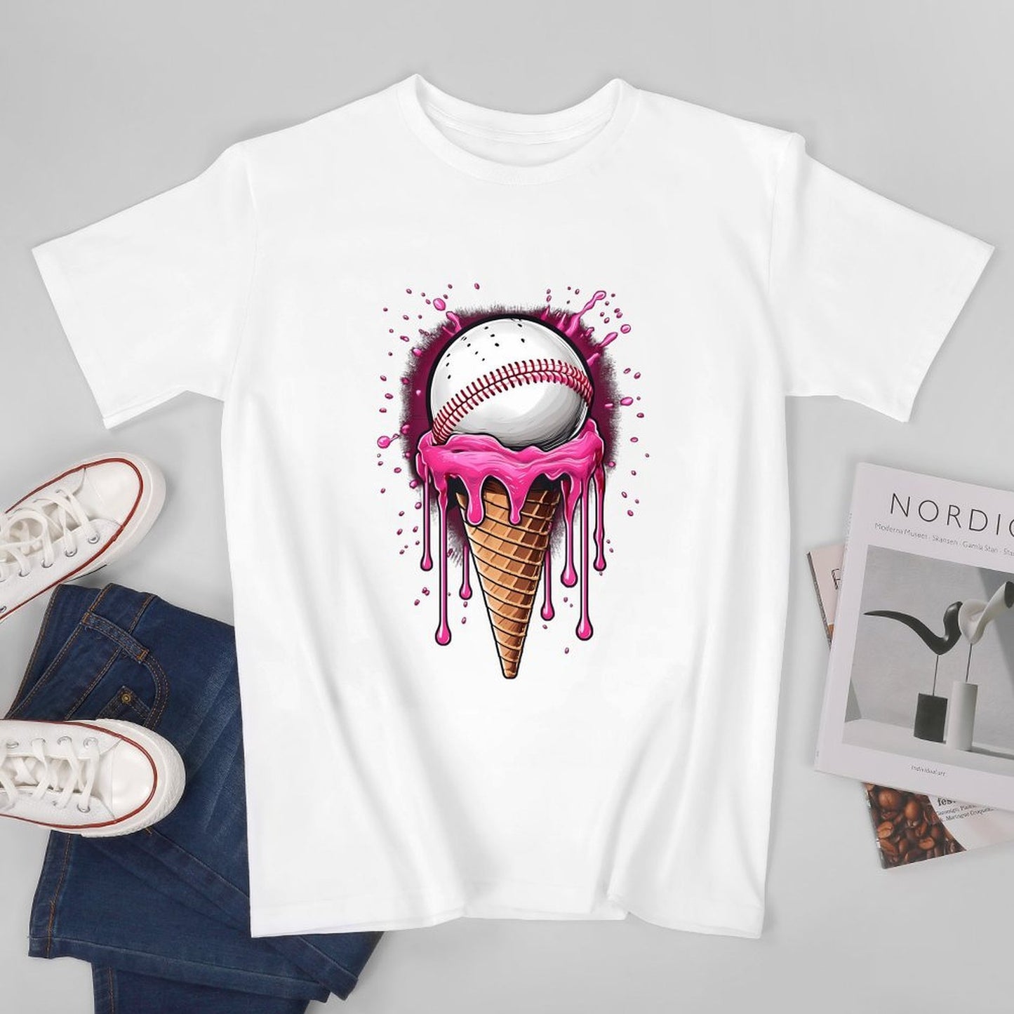 Inkmay Casual Cotton T-shirt Baseball On Ice Cream Cone Art Unisex T-shirtLogo-Ready Vibrant Colors T-Shirt