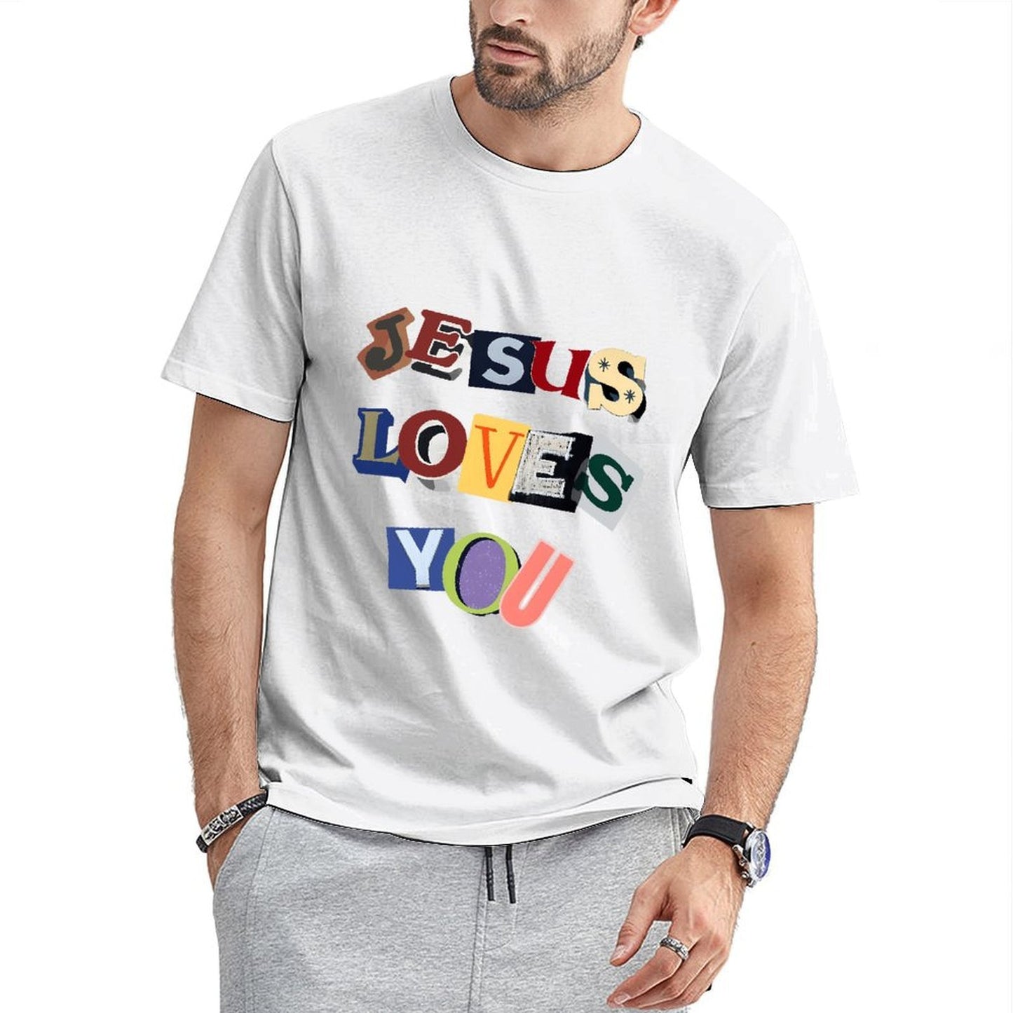Inkmay Casual Cotton T-shirt Jesus Loves You Colorful Text Art Unisex T-shirtTrueComfort Crisp Print T-Shirt