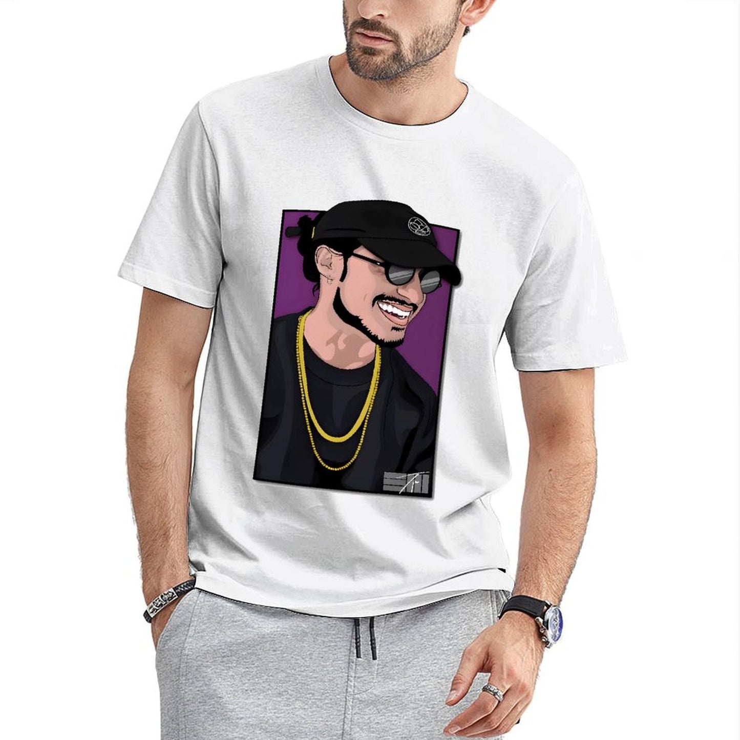 Inkmay Casual Cotton T-shirt Man Wearing Black Hat And Sunglasses Unisex T-shirtPrinting ComfortSeries T-Shirt