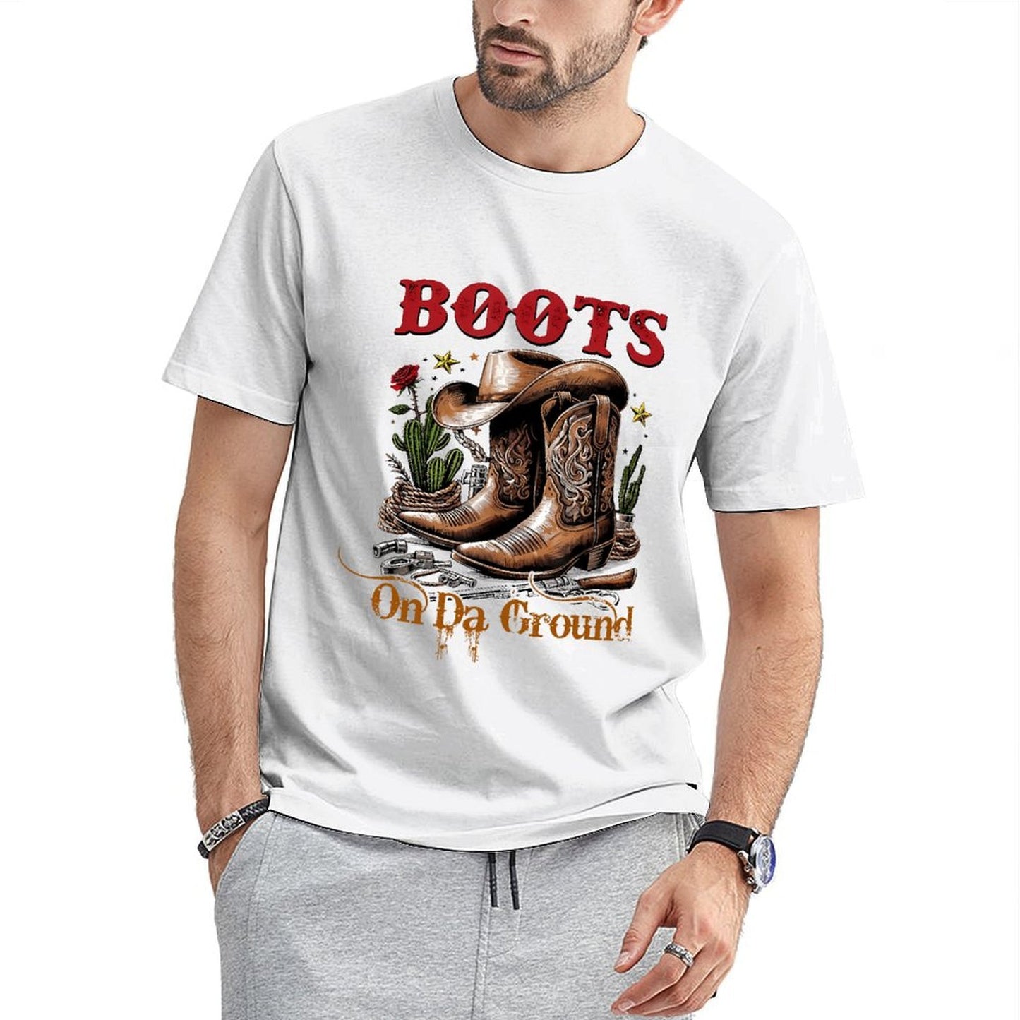 Inkmay Casual Cotton T-shirt Brown Cowboy Boots With Floral Design Unisex T-shirtVibrant Colors Reliable T-Shirt