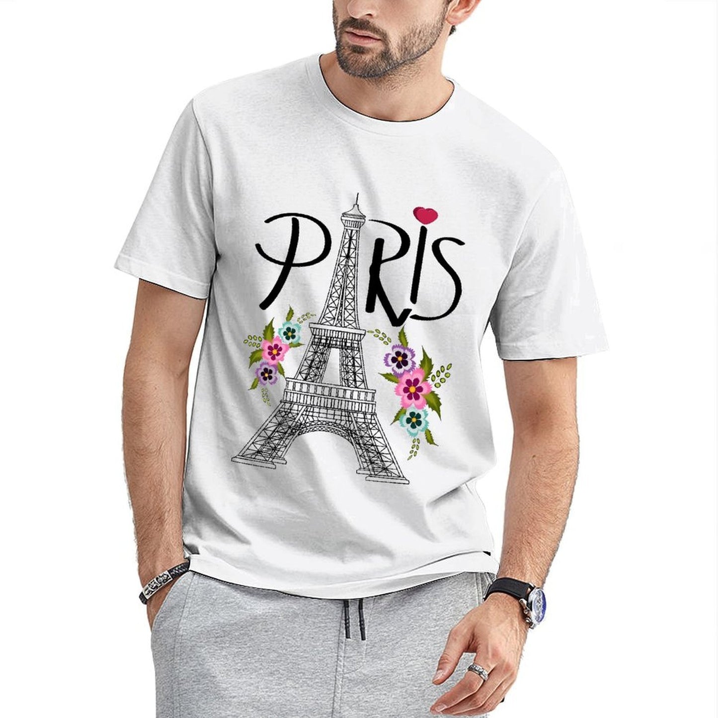 Inkmay Casual Cotton T-shirt Paris Eiffel Tower Floral Design Artwork Unisex T-shirtDailyFit Crisp Print T-Shirt