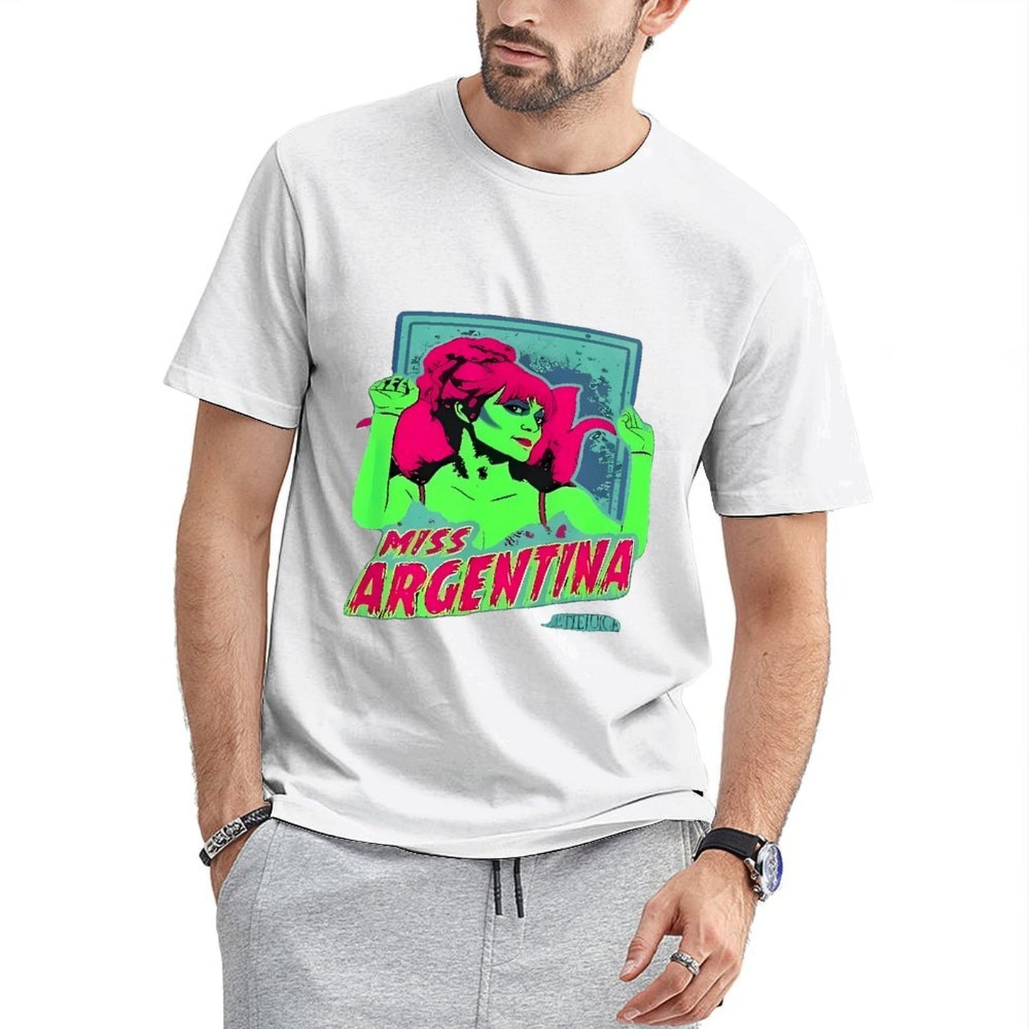 Inkmay Casual Cotton T-shirt Miss Argentina Bright Green Pink Art Unisex T-shirtEssentialFit Printing T-Shirt