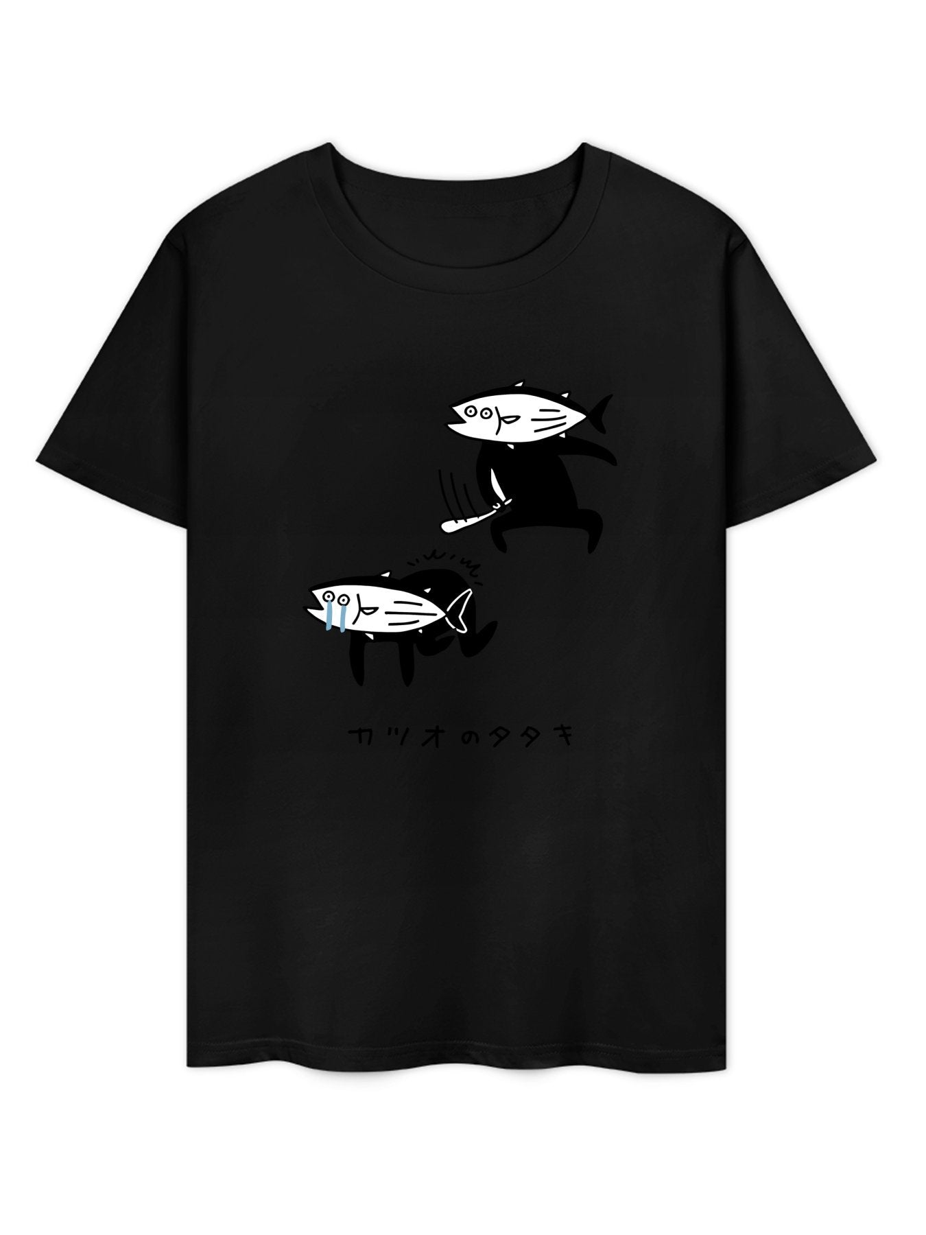 Inkmay Casual Cotton T-shirt Fish Pattern Prints On Black Background Unisex T-shirtTimelessStyle SimpleFit T-Shirt