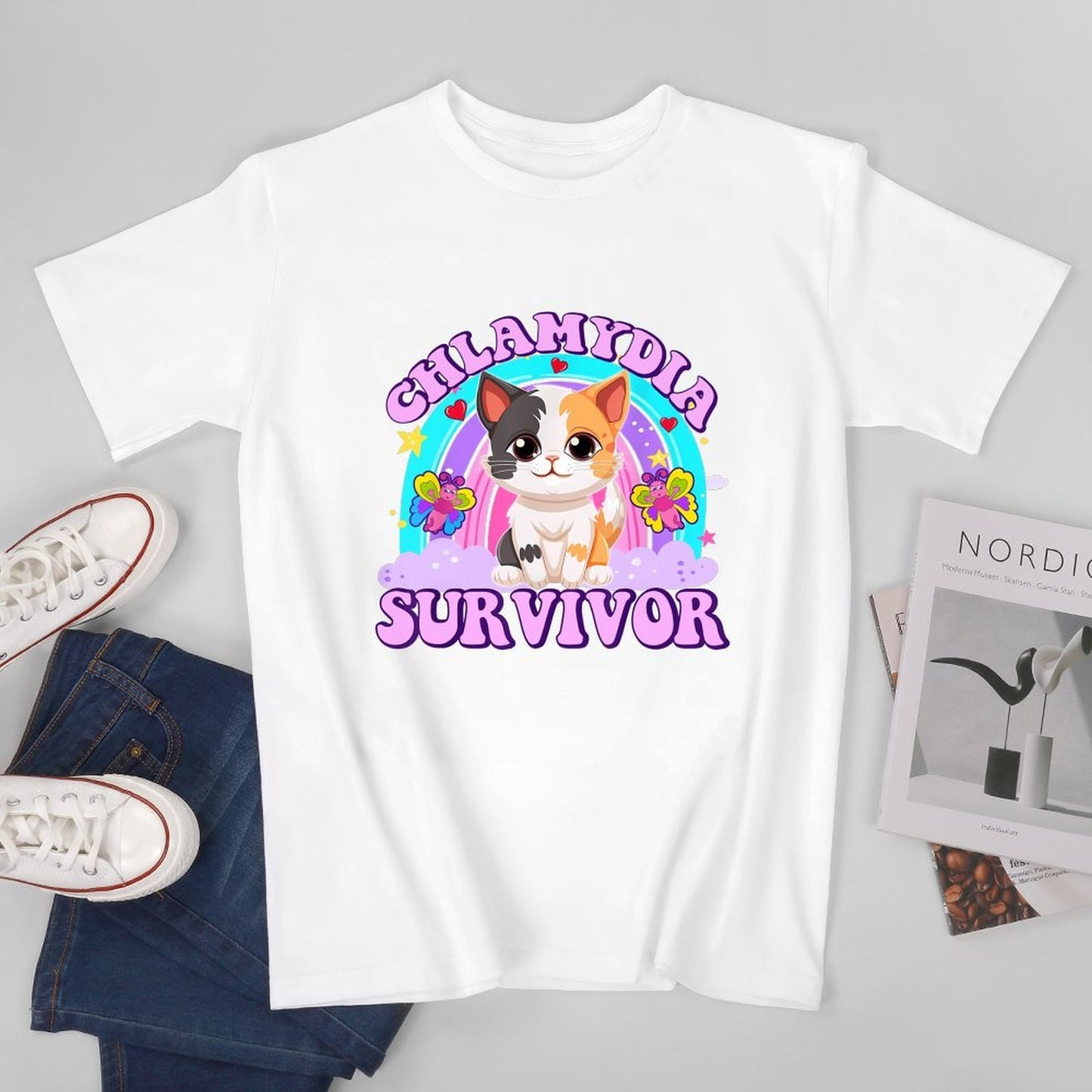 Inkmay Casual Cotton T-shirt Chlamydia Survivor Cat With Butterflies Design Unisex T-shirtEdition Refined T-Shirt