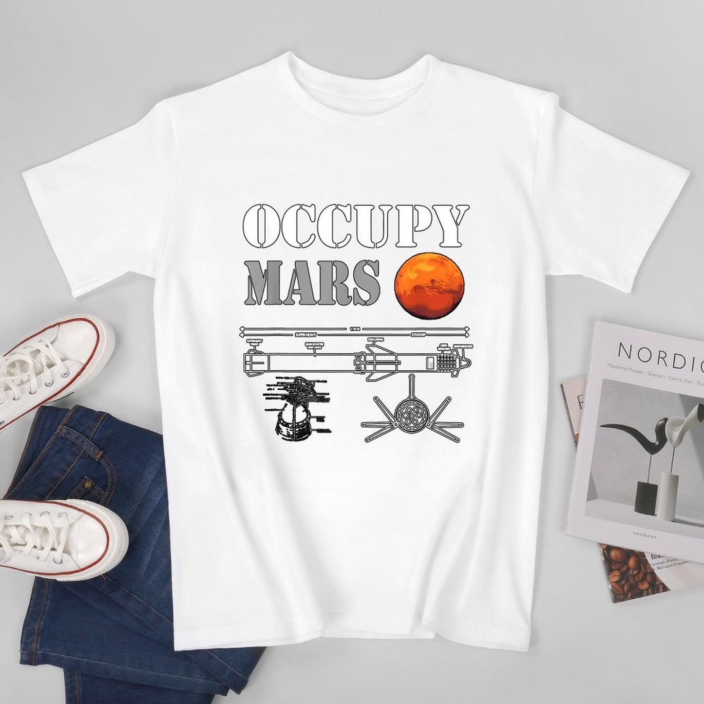 Inkmay Casual Cotton T-shirt Occupy Mars Blueprint Design Art Print Unisex T-shirtHeavyweight ActiveWear T-Shirt