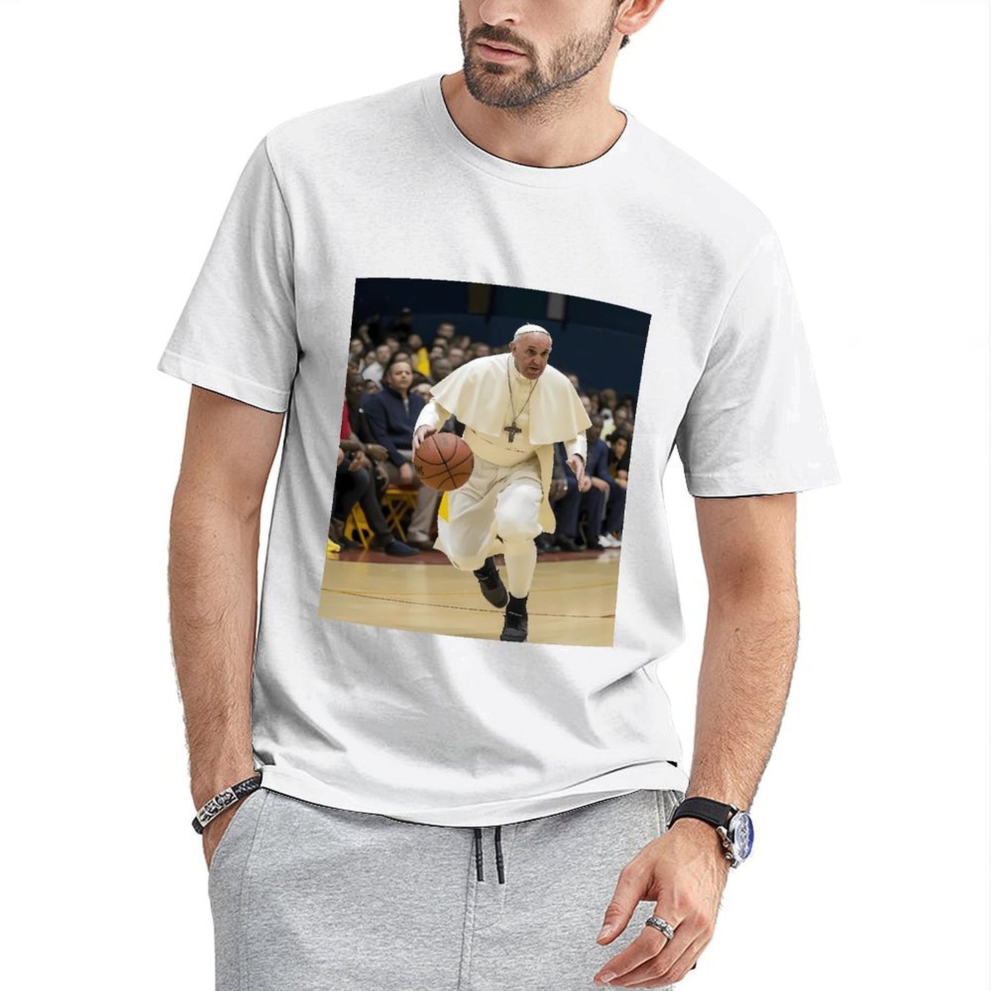 Inkmay Casual Cotton T-shirt Pope Playing Basketball In White Robes Unisex T-shirtSport BasicSeries T-Shirt