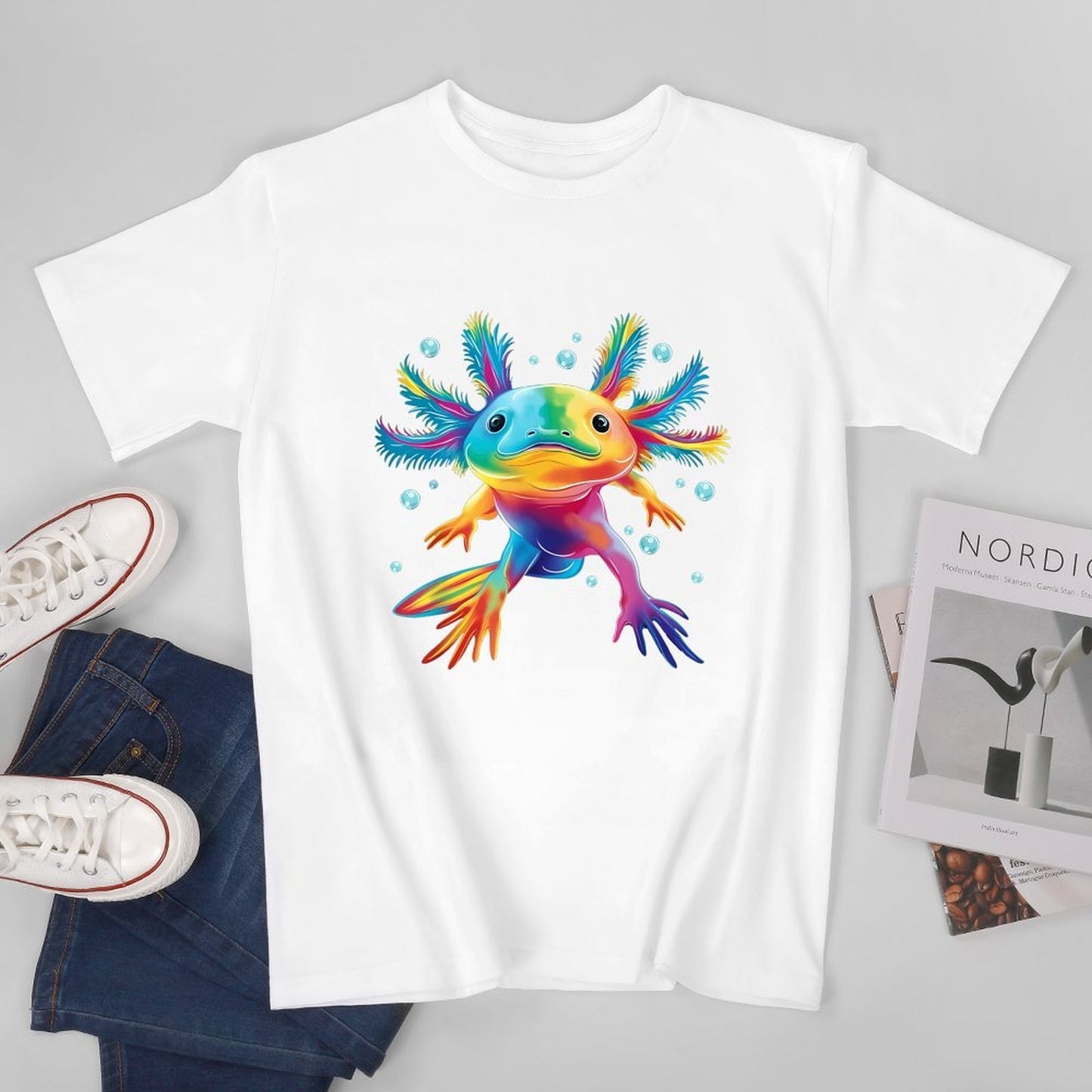 Inkmay Casual Cotton T-shirt Colorful Axolotl With Vibrant Feathers Unisex T-shirtReliable Heavyweight T-Shirt