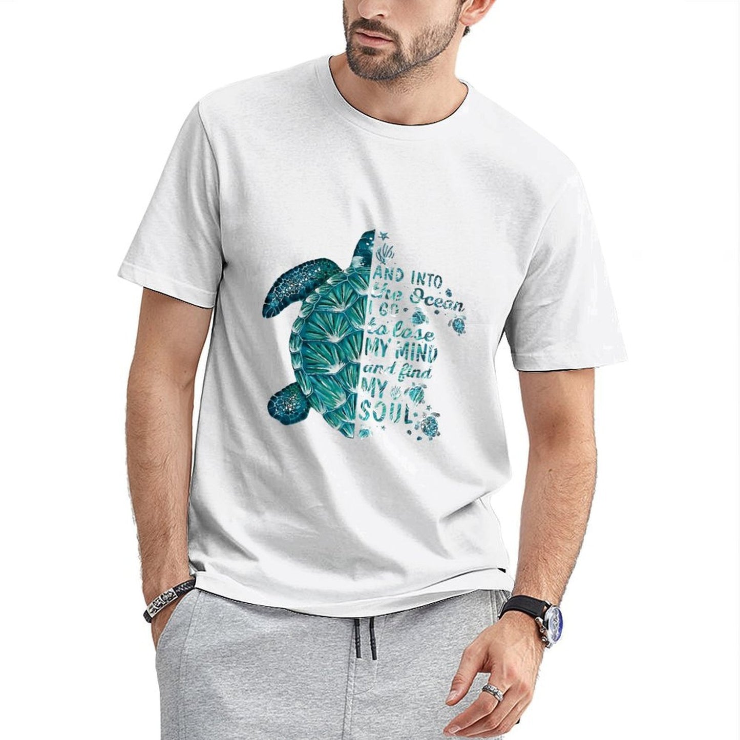 Inkmay Casual Cotton T-shirt Blue Turtle With Glass Beads Unisex T-shirtCrewneck Modern T-Shirt