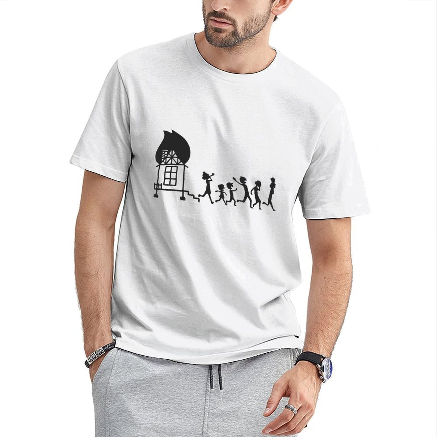 Inkmay Casual Cotton T-shirt Fire House Silhouette Running People Pattern Unisex T-shirtPocket Tee EasyWear T-Shirt