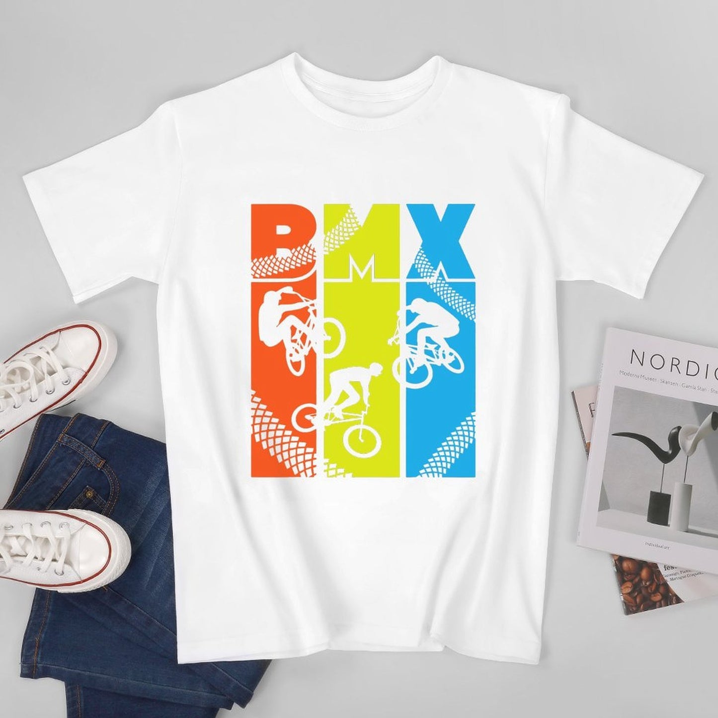 Inkmay Casual Cotton T-shirt Colorful Abstract Design With Bright Shapes Unisex T-shirtTear-Resistant DailyFit T-Shirt