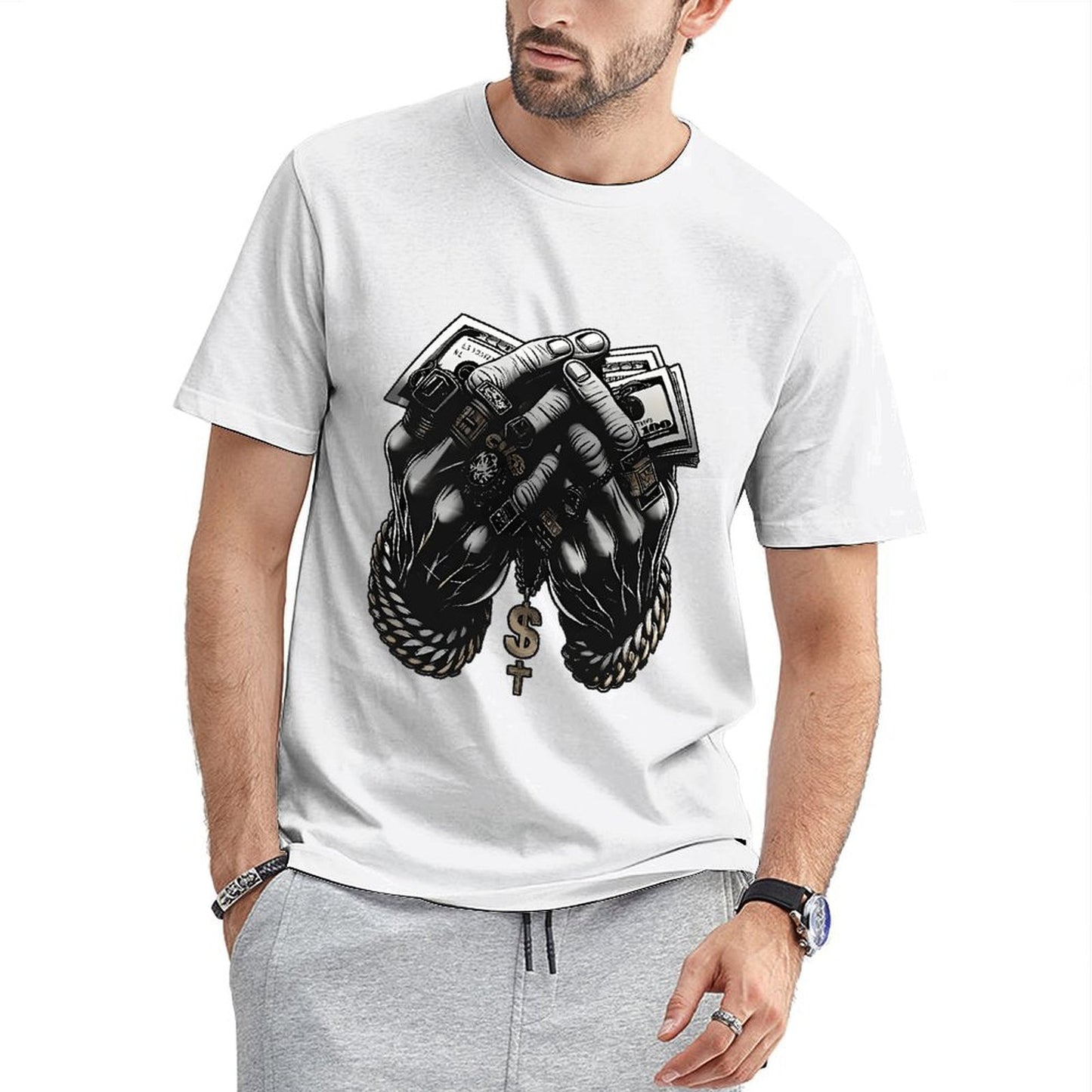 Inkmay Casual Cotton T-shirt Money Hands Rope Chain Dollar Cross Unisex T-shirtSoft SoftTouch T-Shirt