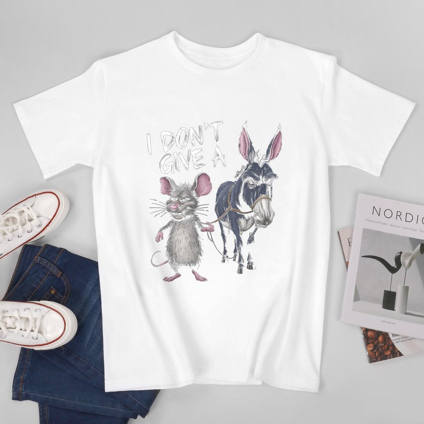 Inkmay Casual Cotton T-shirt Rat And Donkey With Rope Unisex T-shirtMidweight Signature T-Shirt