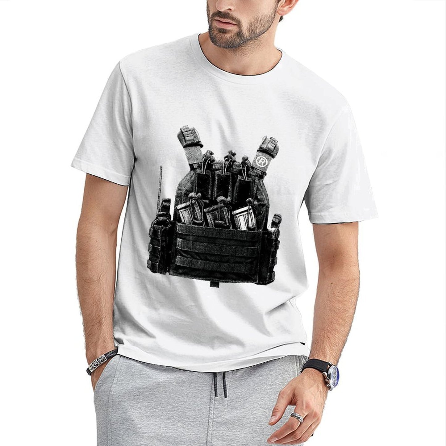 Inkmay Casual Cotton T-shirt Tactical Vest With Various Pouches Attached Unisex T-shirtSolid Sleek T-Shirt