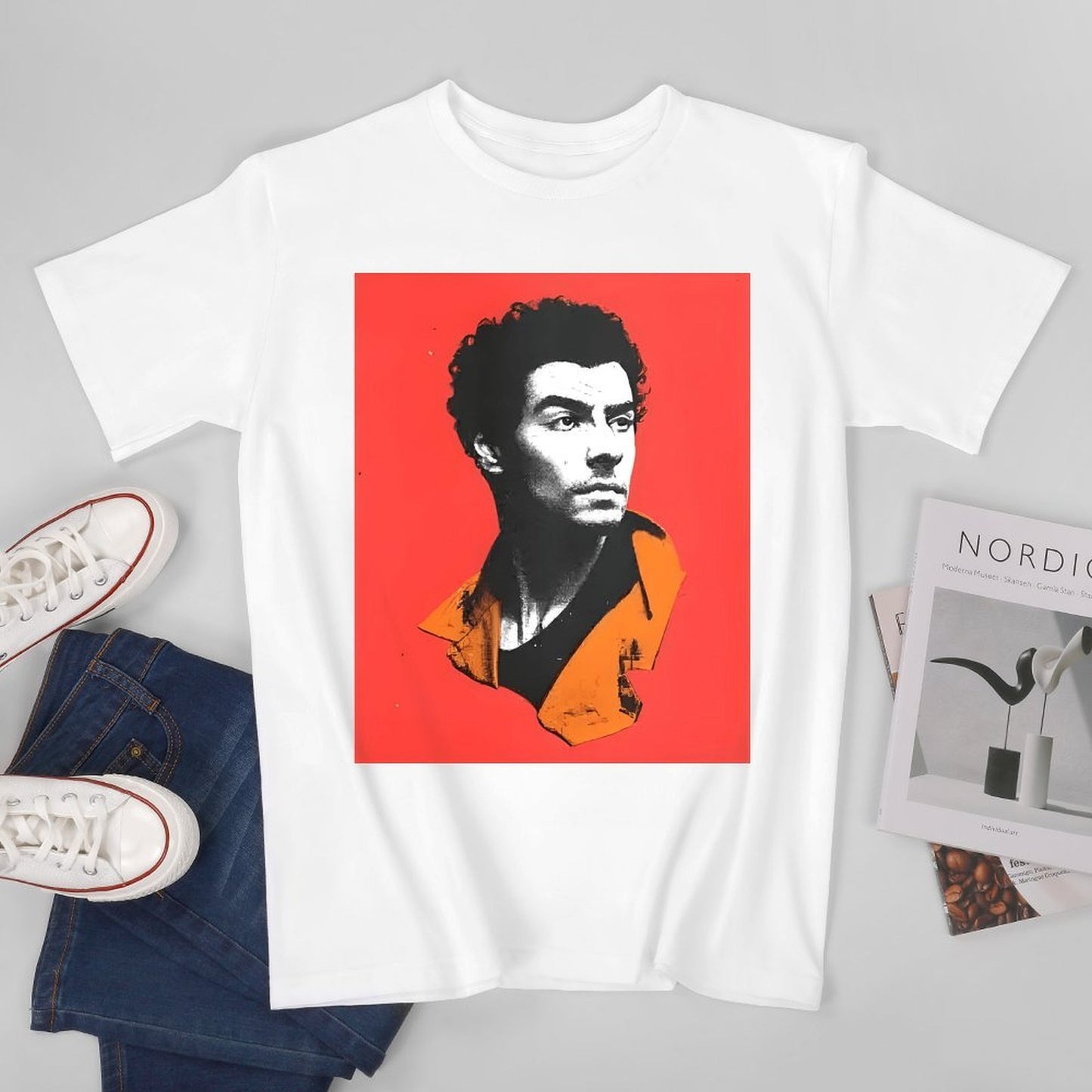 Inkmay Casual Cotton T-shirt Bold Red Background With Black Portrait Unisex T-shirtYearRound EverydayComfort T-Shirt
